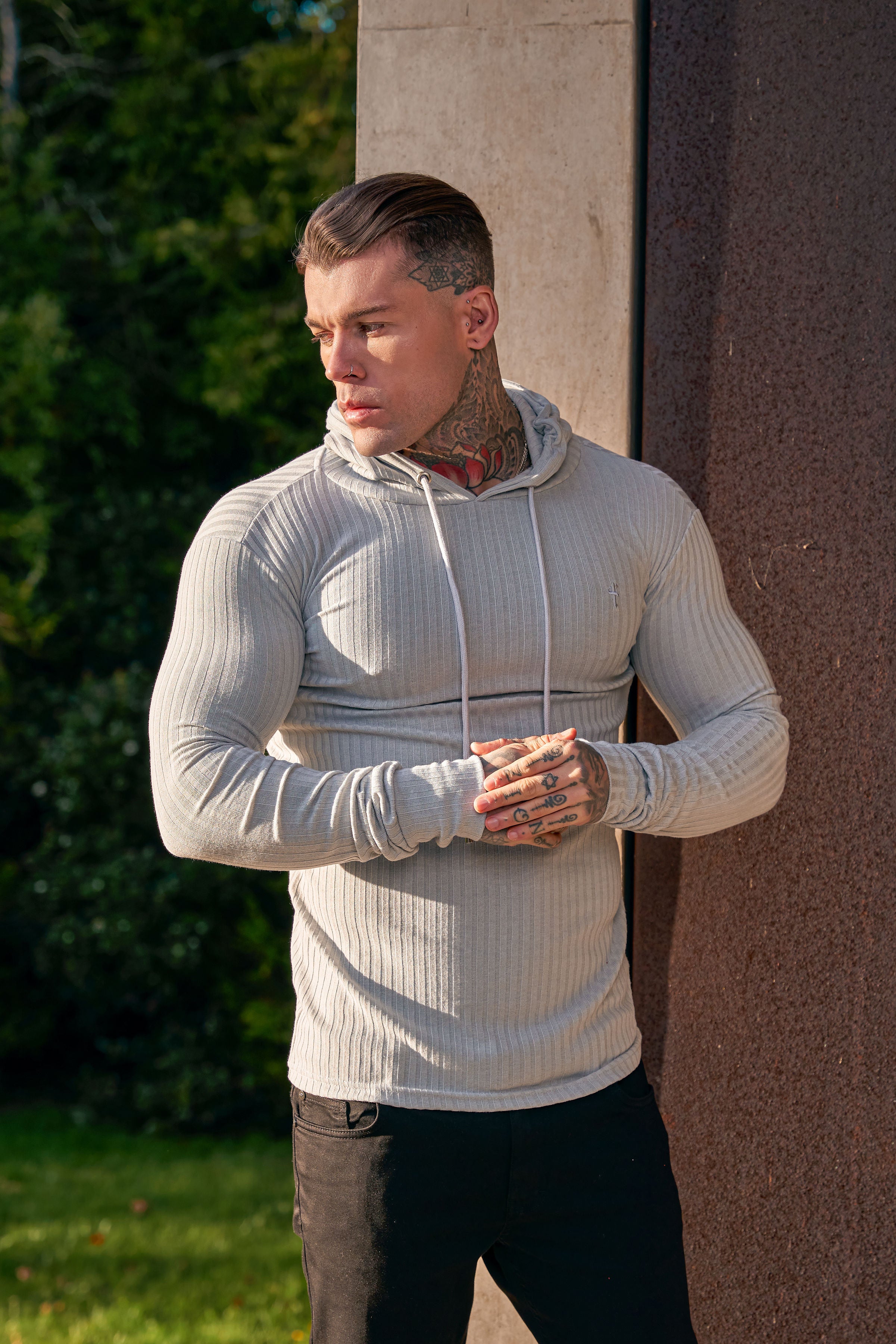 Classic Light Grey Ribbed Knit Hoodie Jumper - FSH905