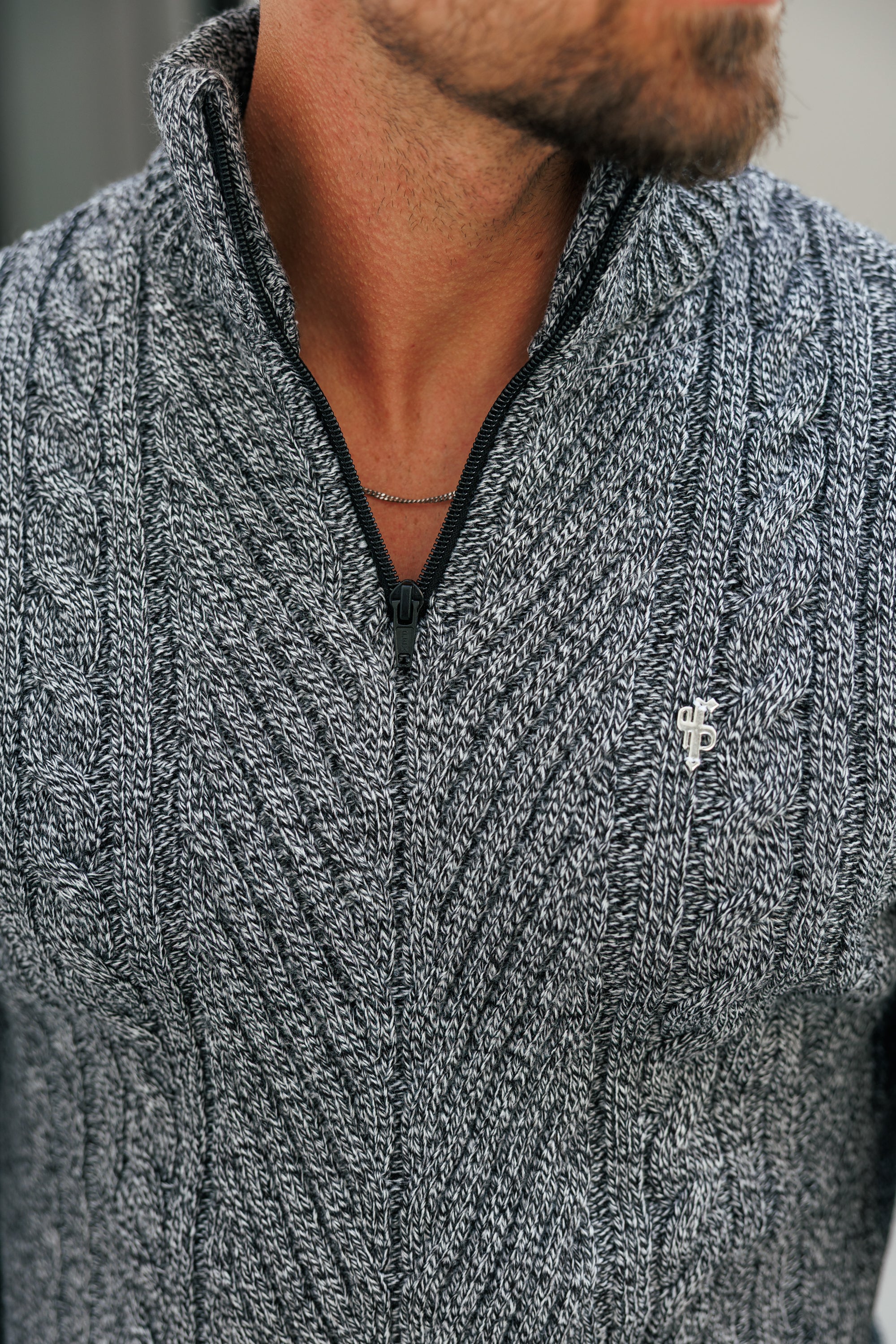 Funnel Neck Jumper with Quarter Zip Black / White Two Tone - FSJ154