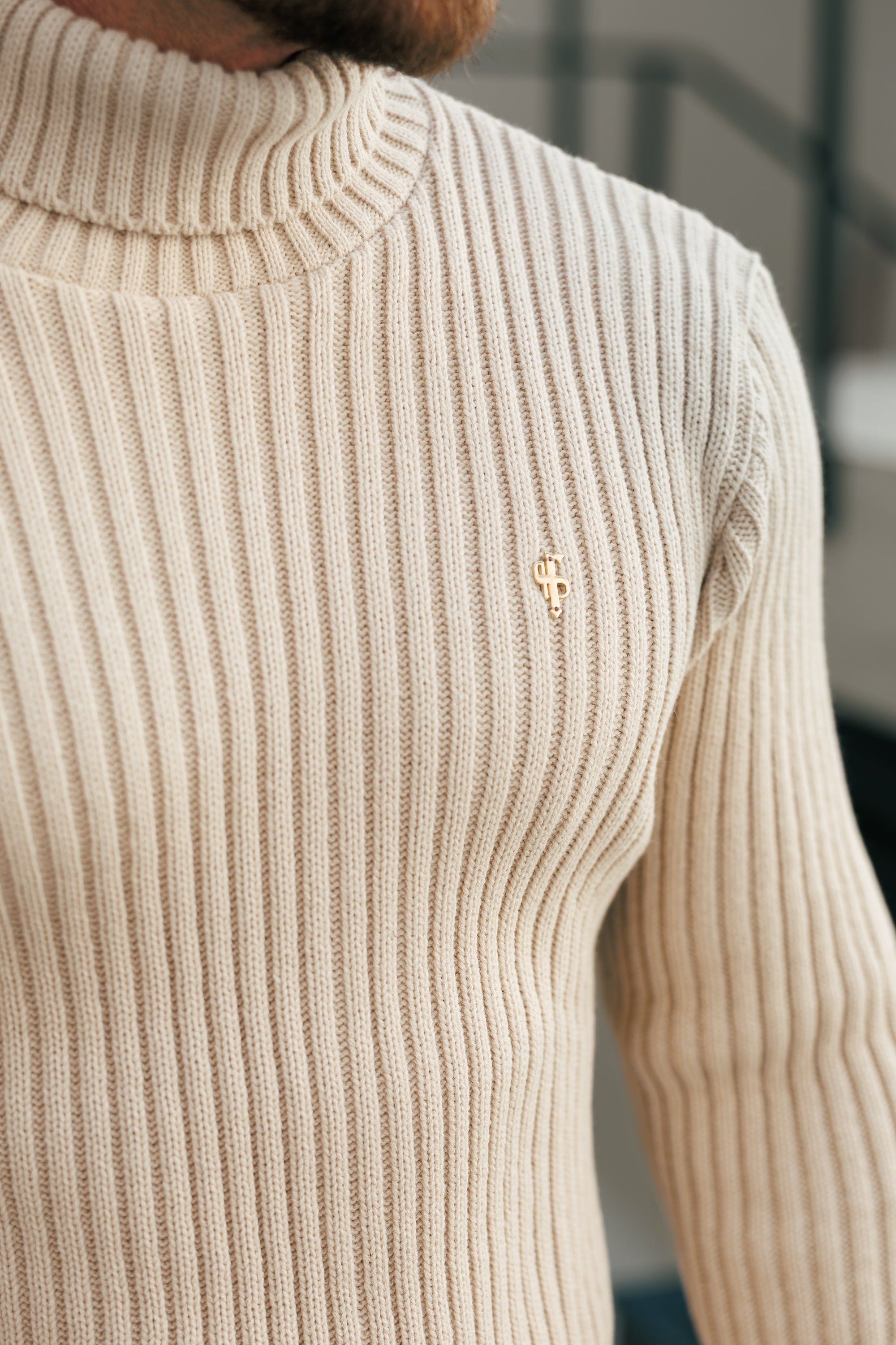 Ribbed Knit Beige Roll Neck Jumper - FSJ112