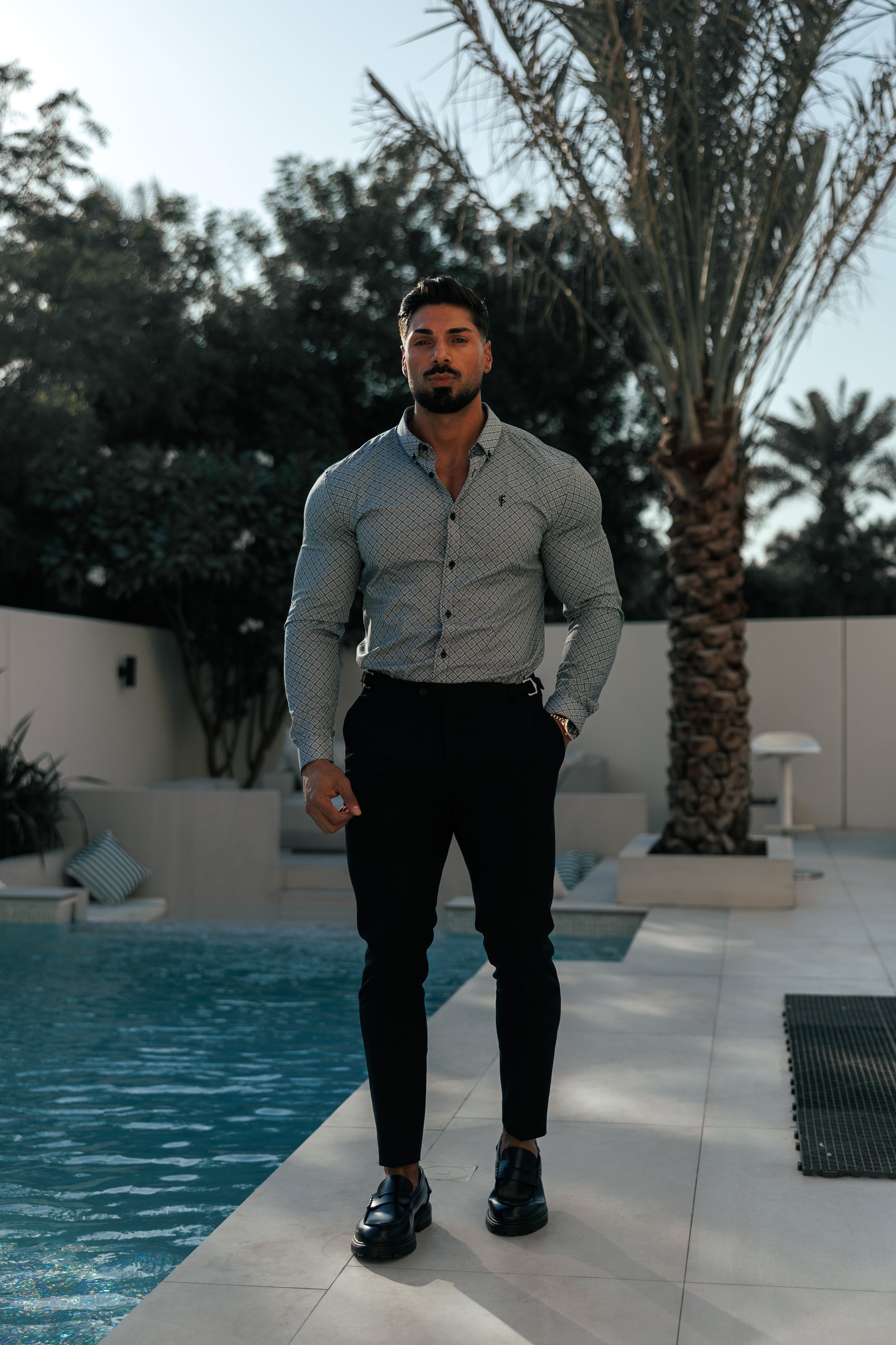 Super Slim Stretch Black / White Diamond Print Long Sleeve with Button Down Collar - FS1226