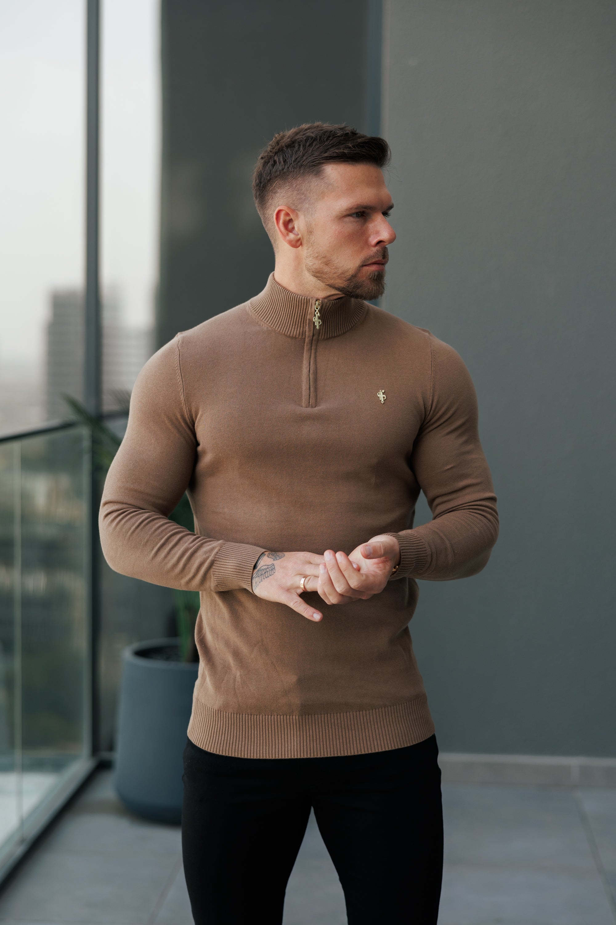 FS Camel Funnel Neck Knitted Jumper With FS Branding -  FSN187