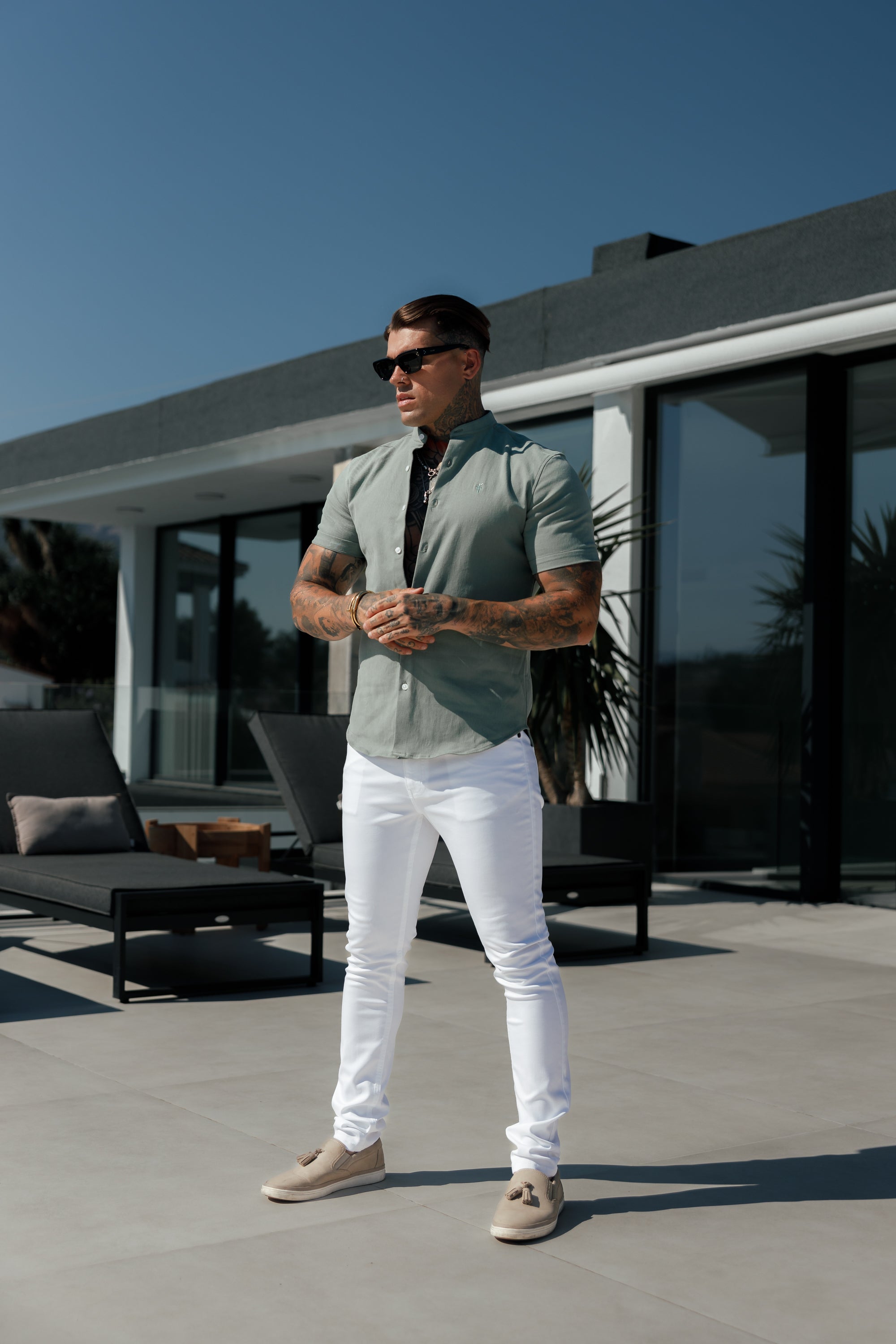 Classic Stretch Khaki / Sage with Grandad Collar SS - FS1079