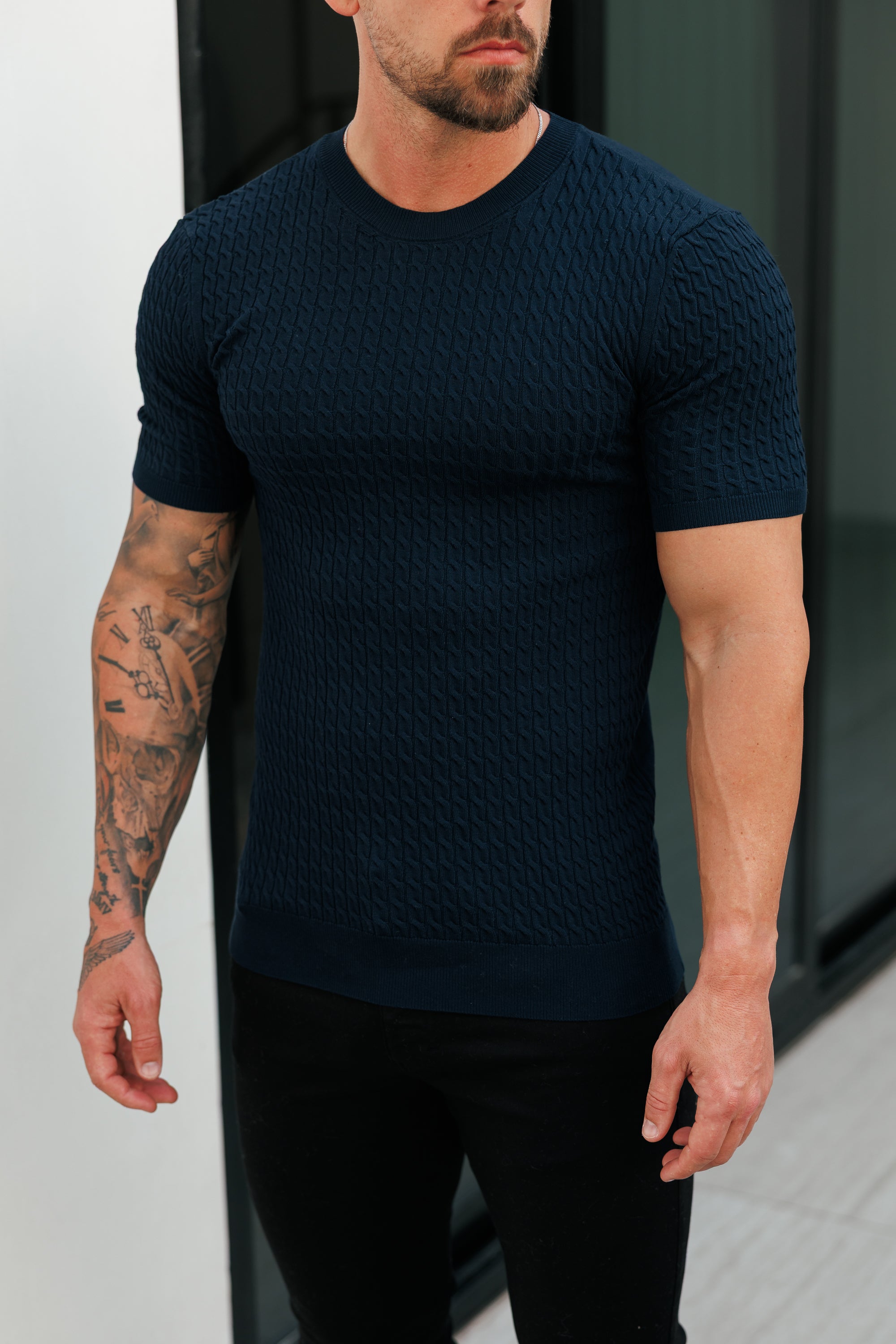 Front Chain Knit Crew Tshirt Navy Short Sleeve  -  FSR054