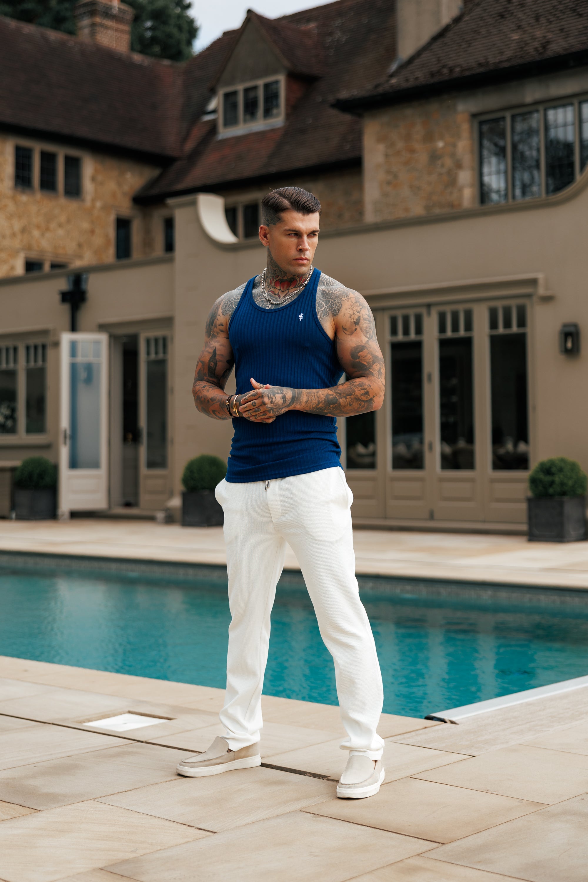 New Navy / White Ribbed Knit Super Slim Vest - FSH1328