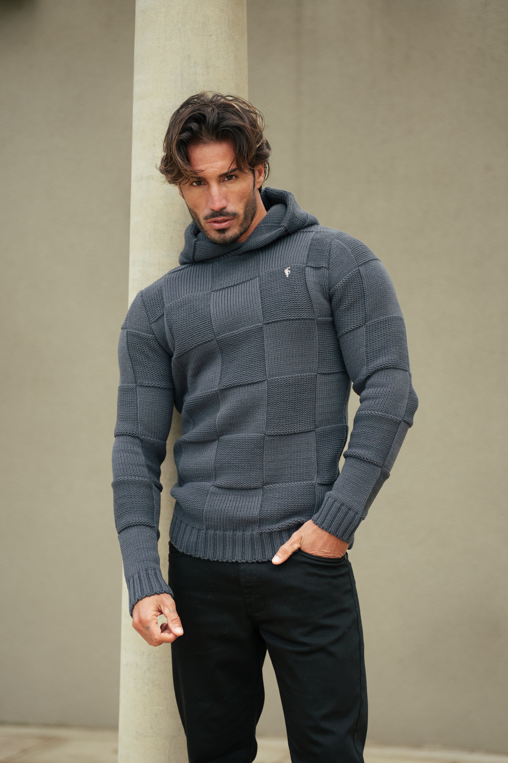 Gunmetal Checkerboard Knitted Hoodie - FSJ136