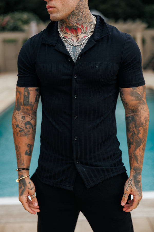 Father Sons Jersey Revere Vertical Stripe Black Shirt Short Sleeve - FSR024