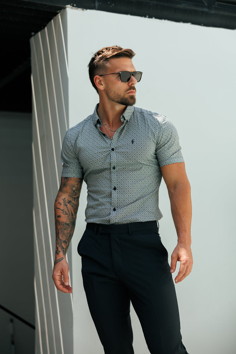 Father Sons Super Slim Stretch Black / White Diamond Print Short Sleeve with Button Down Collar - FS1229