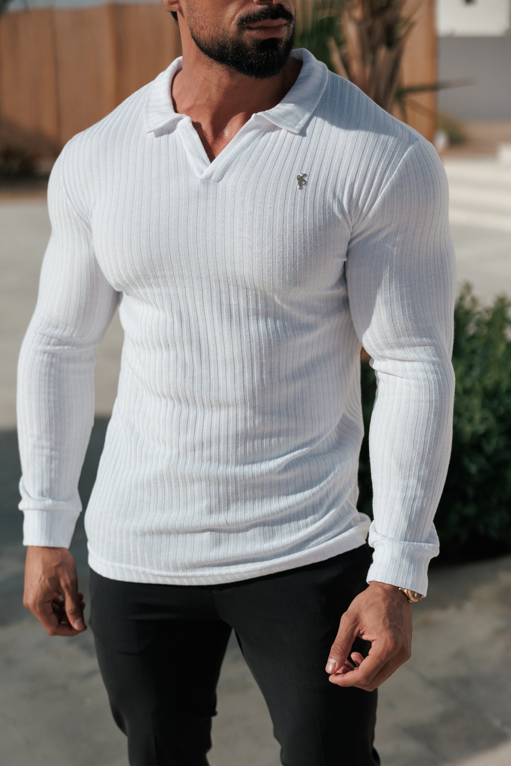 White / Gold Ribbed Revere Polo Shirt Long Sleeve - FSH1431