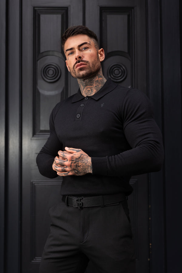 Father Sons Classic Black Knitted Polo Sweater Long Sleeve With Tonal FS Embroidery- FSN139