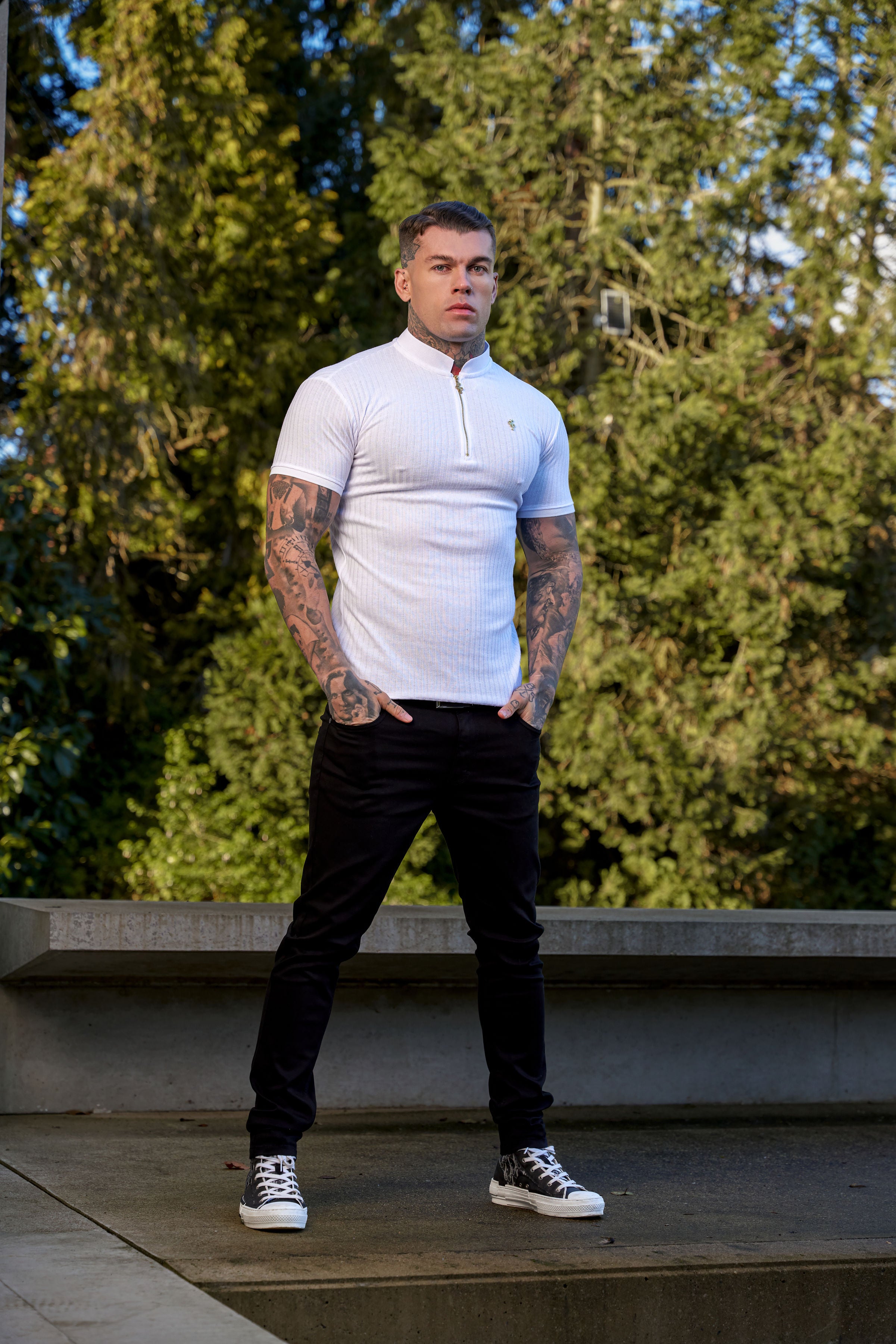 Classic White / White Ribbed Gold Zip Grandad Collar Shirt Short Sleeve - FSH915