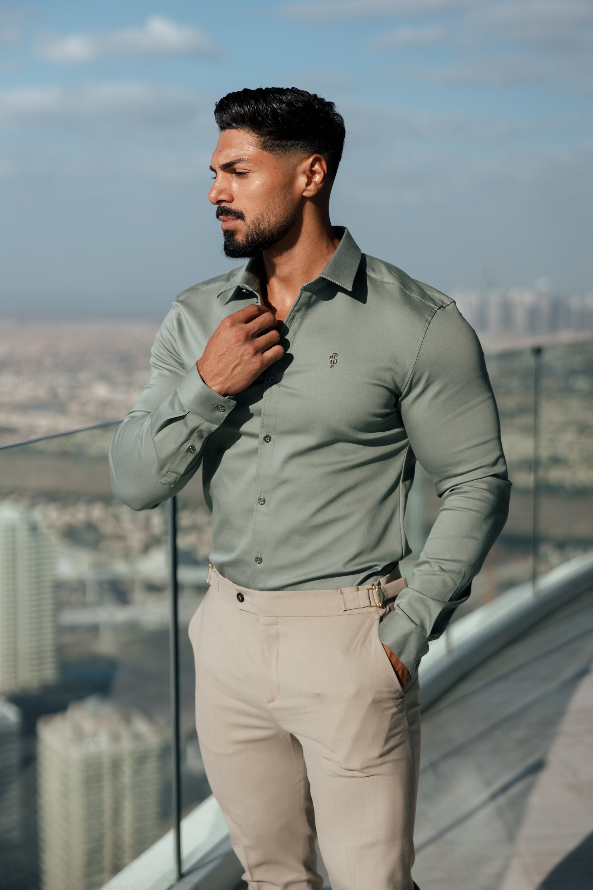 Super Slim Stretch Sage Green Denim Long Sleeve With Metal Buttons and Decal - FS1020