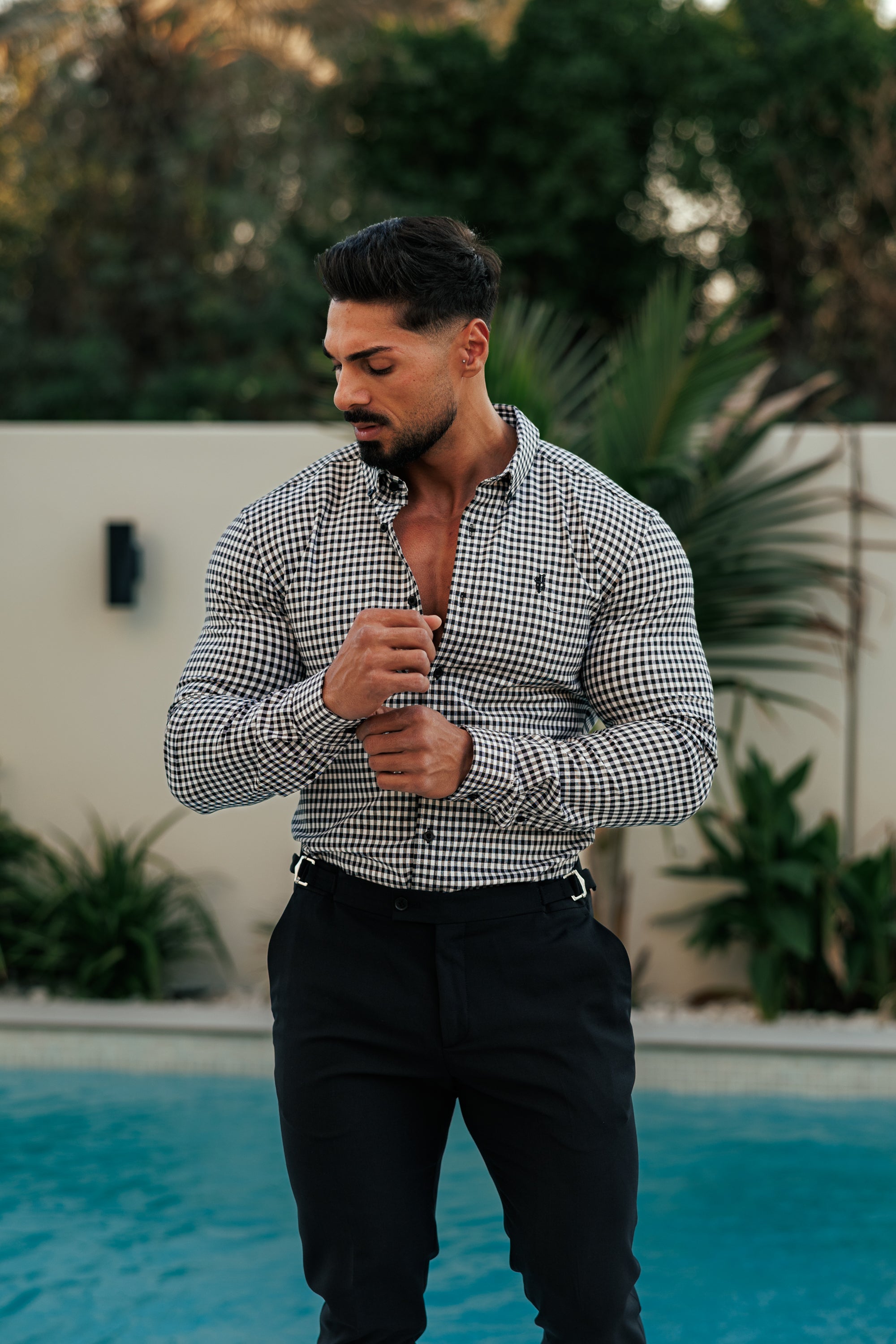 Super Slim Stretch White / Black Check Long Sleeve with Button Down Collar - FS1069