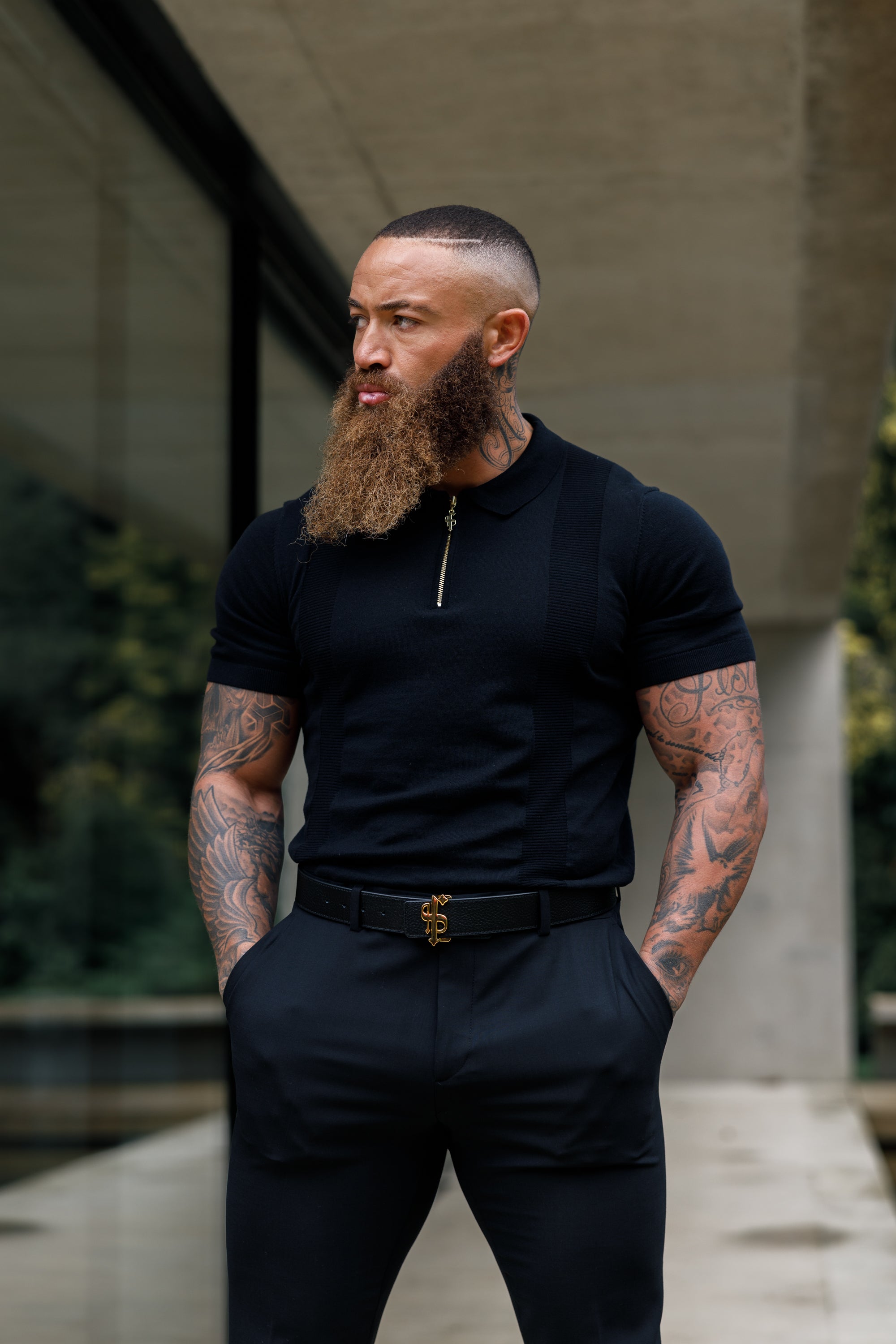 Black / Tan Leather Reversible Belt with Gold FS Buckle - FSBELT001