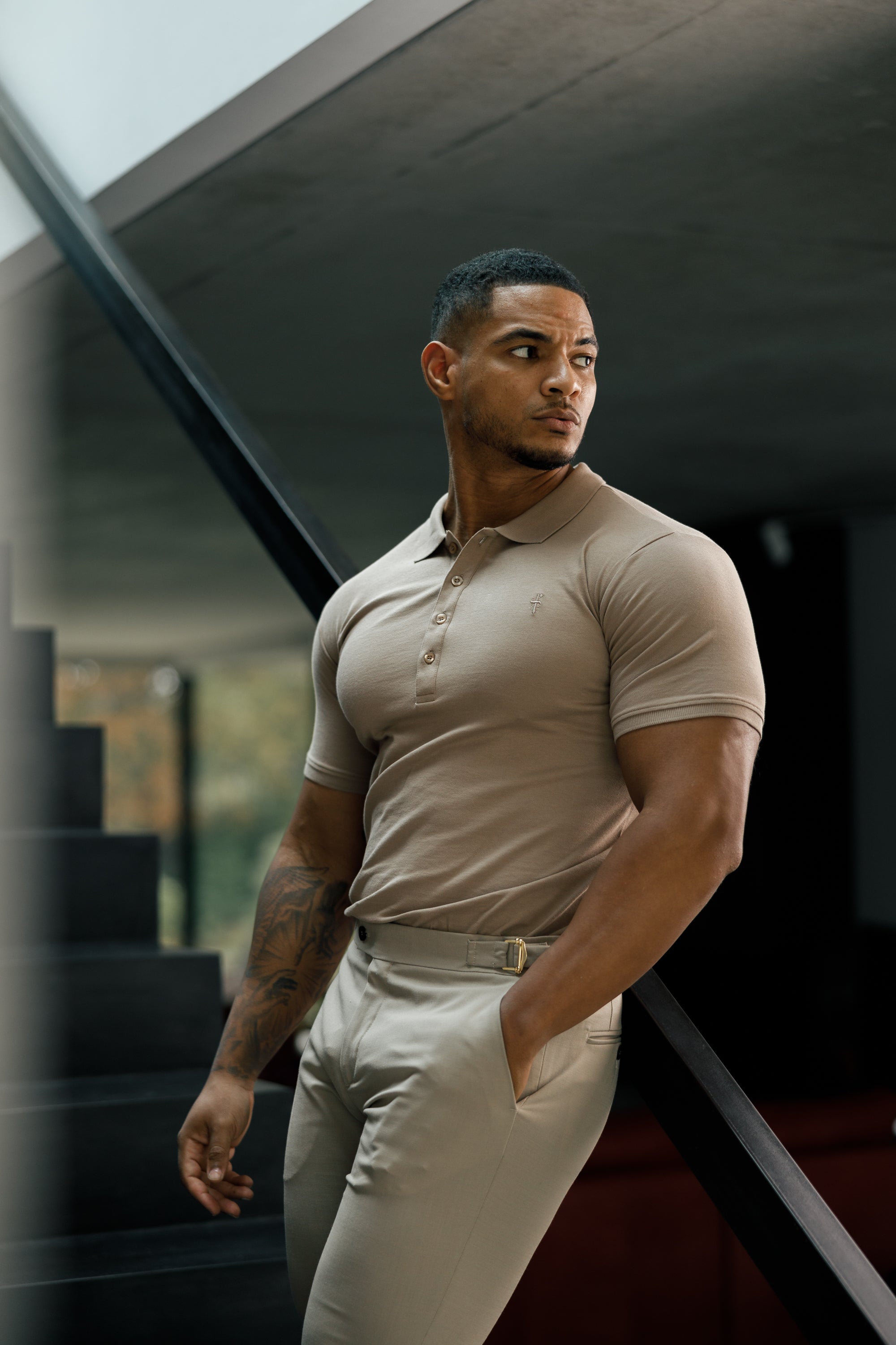 Classic Taupe Polo Shirt with Tonal Button and Embroidery - FSH913