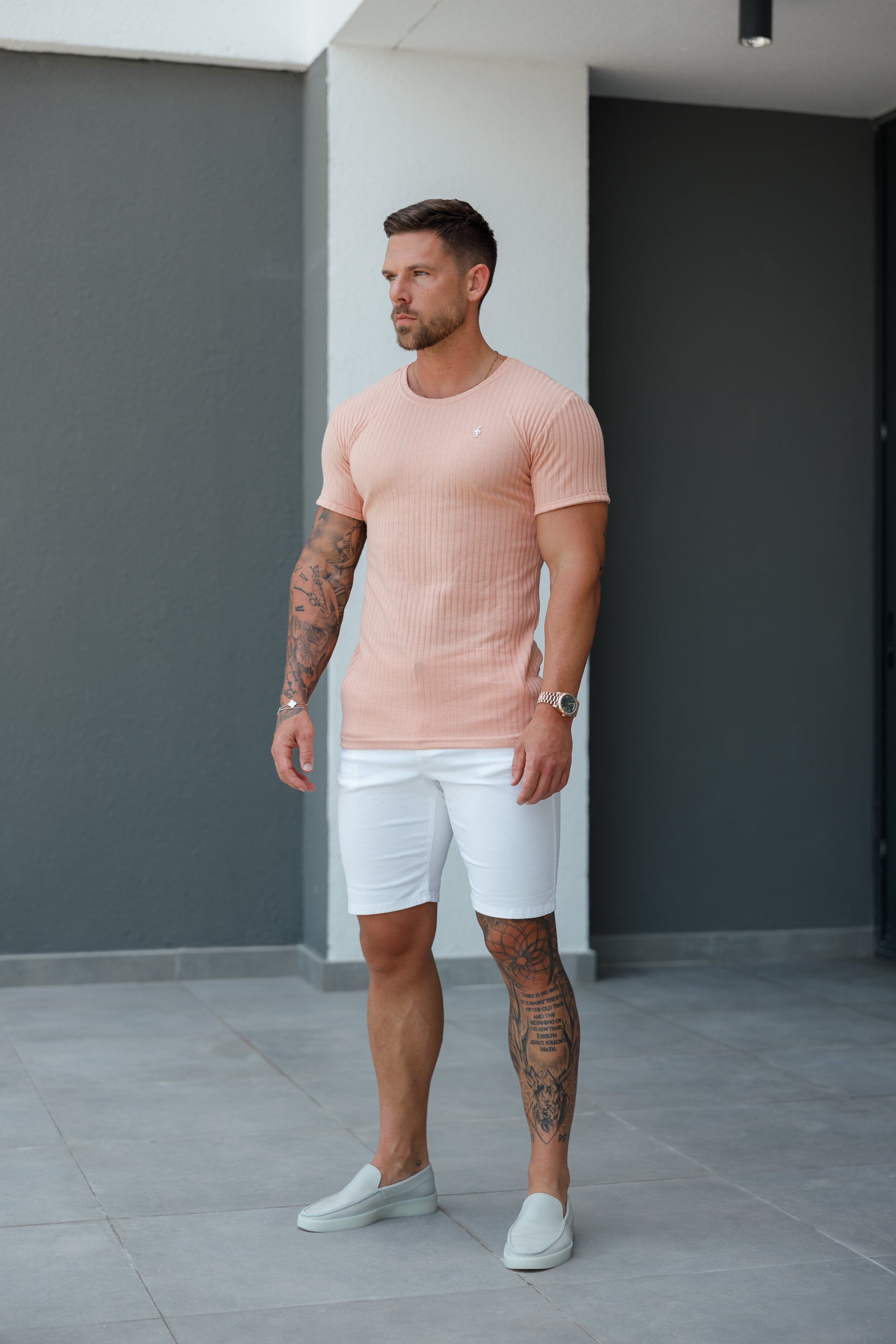 Classic Peach / Silver Ribbed Knit Super Slim Short Sleeve Crew - FSH1093