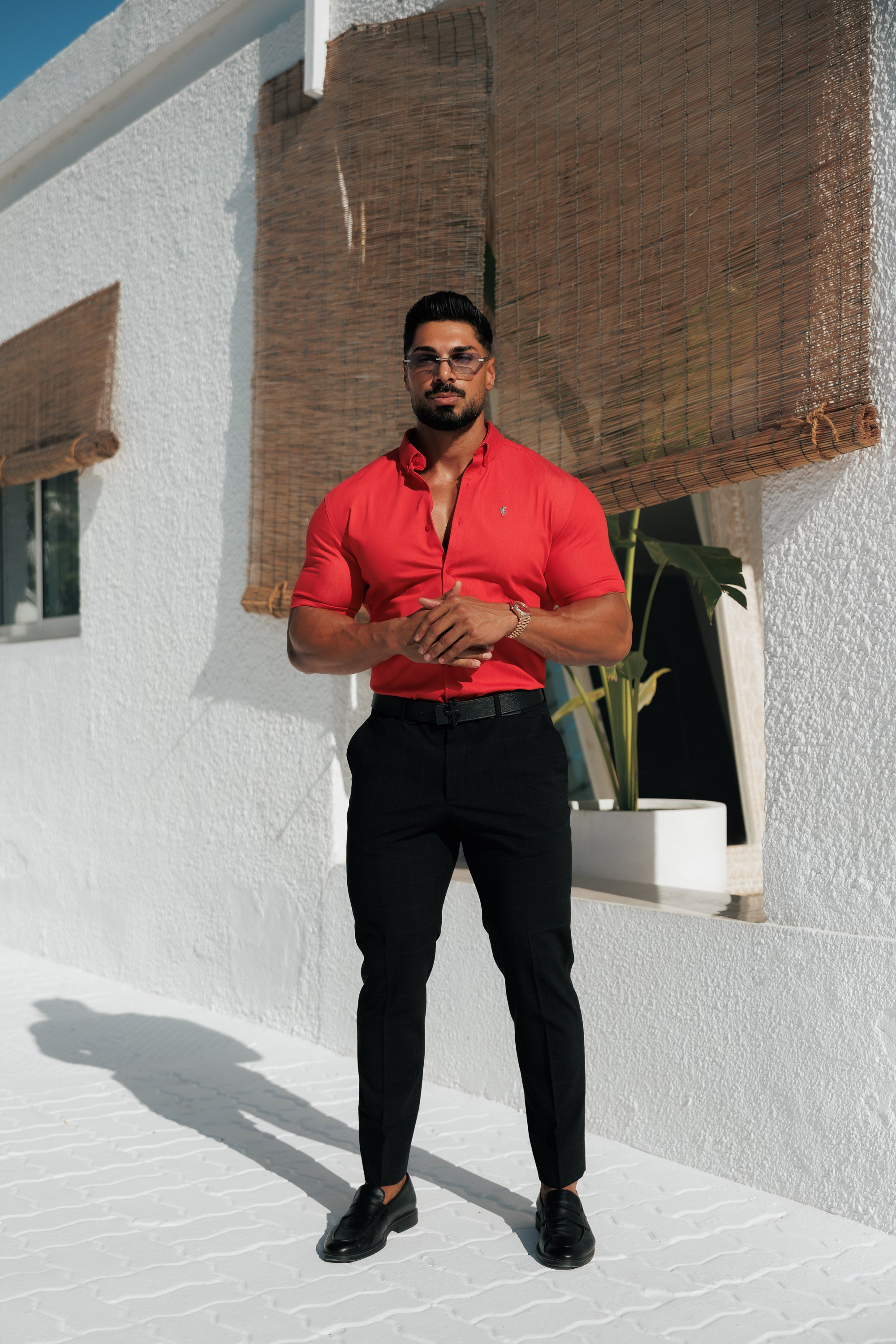 Super Slim Stretch Postbox Red Denim Short Sleeve with Button Down Collar - FS1135