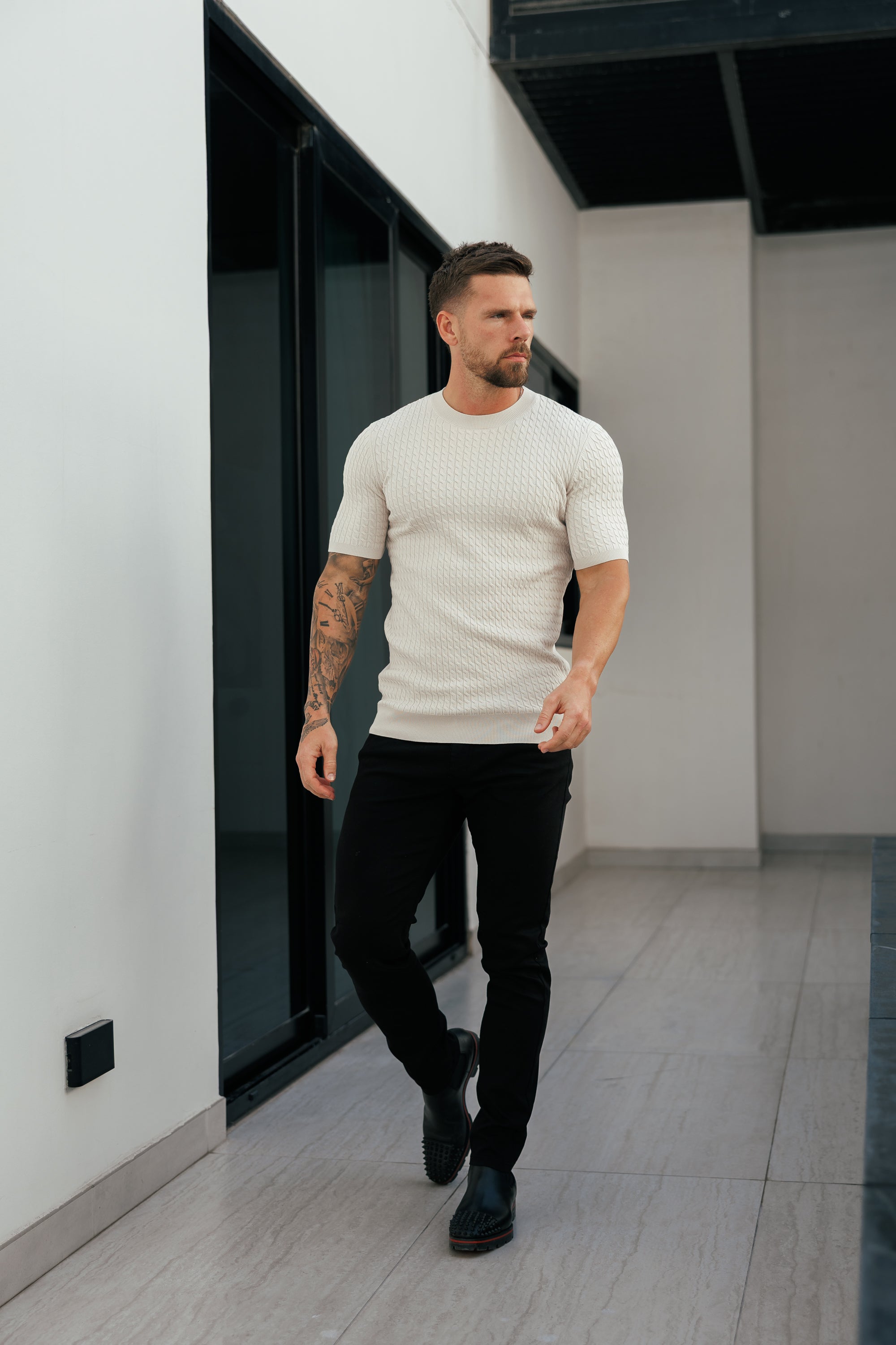 Front Chain Knit Crew Tshirt Cream Short Sleeve  -  FSR057