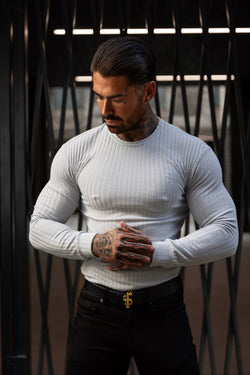 Father Sons Classic Light Grey Ribbed Knit Sweater With Tonal Embroidery - FSH948