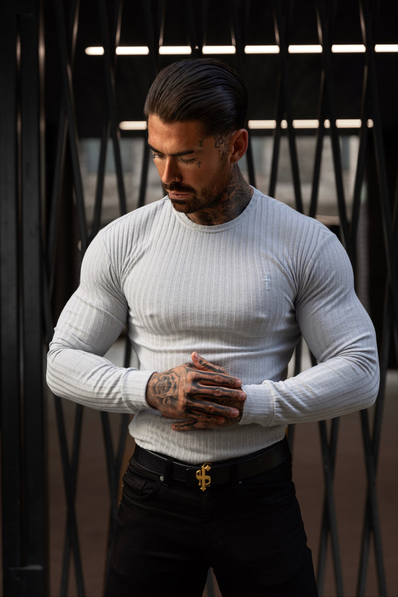 Father Sons Classic Light Grey Ribbed Knit Sweater With Tonal Embroidery - FSH948