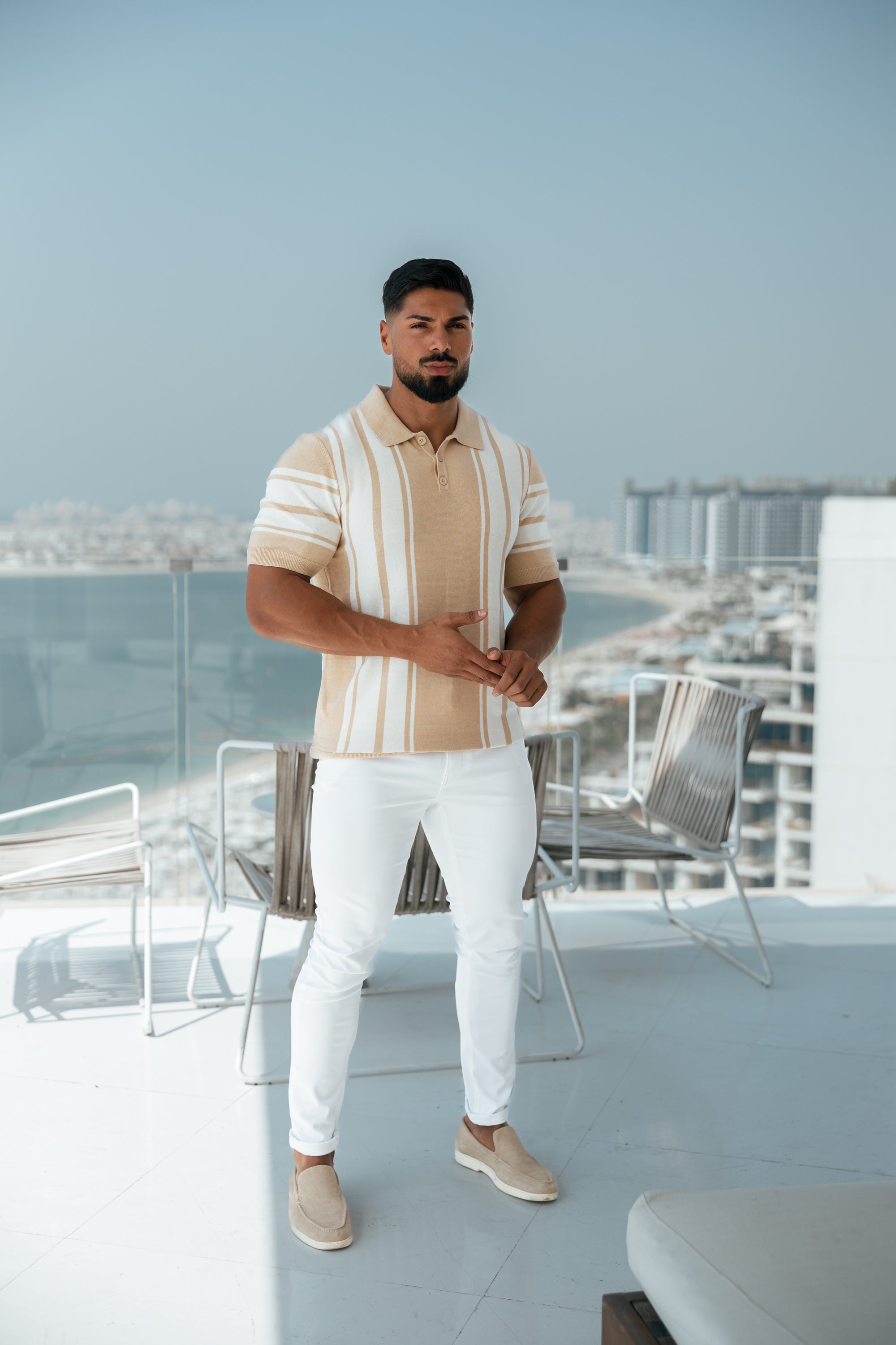 Classic Beige / Off White Knitted Vertical Stripe Polo Short Sleeve - FSN107