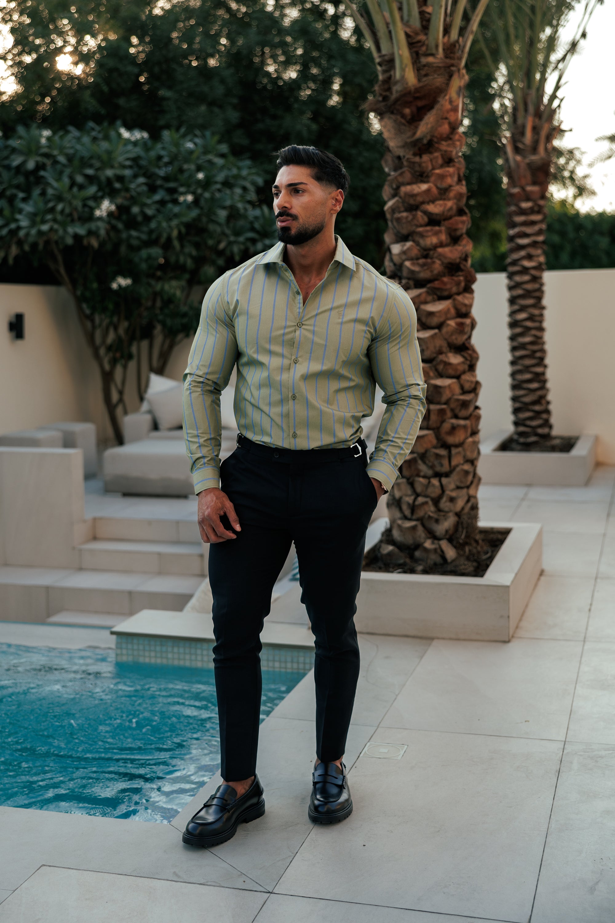 Classic Green / Blue Stripe Long Sleeve with Cutaway Collar - FS1179