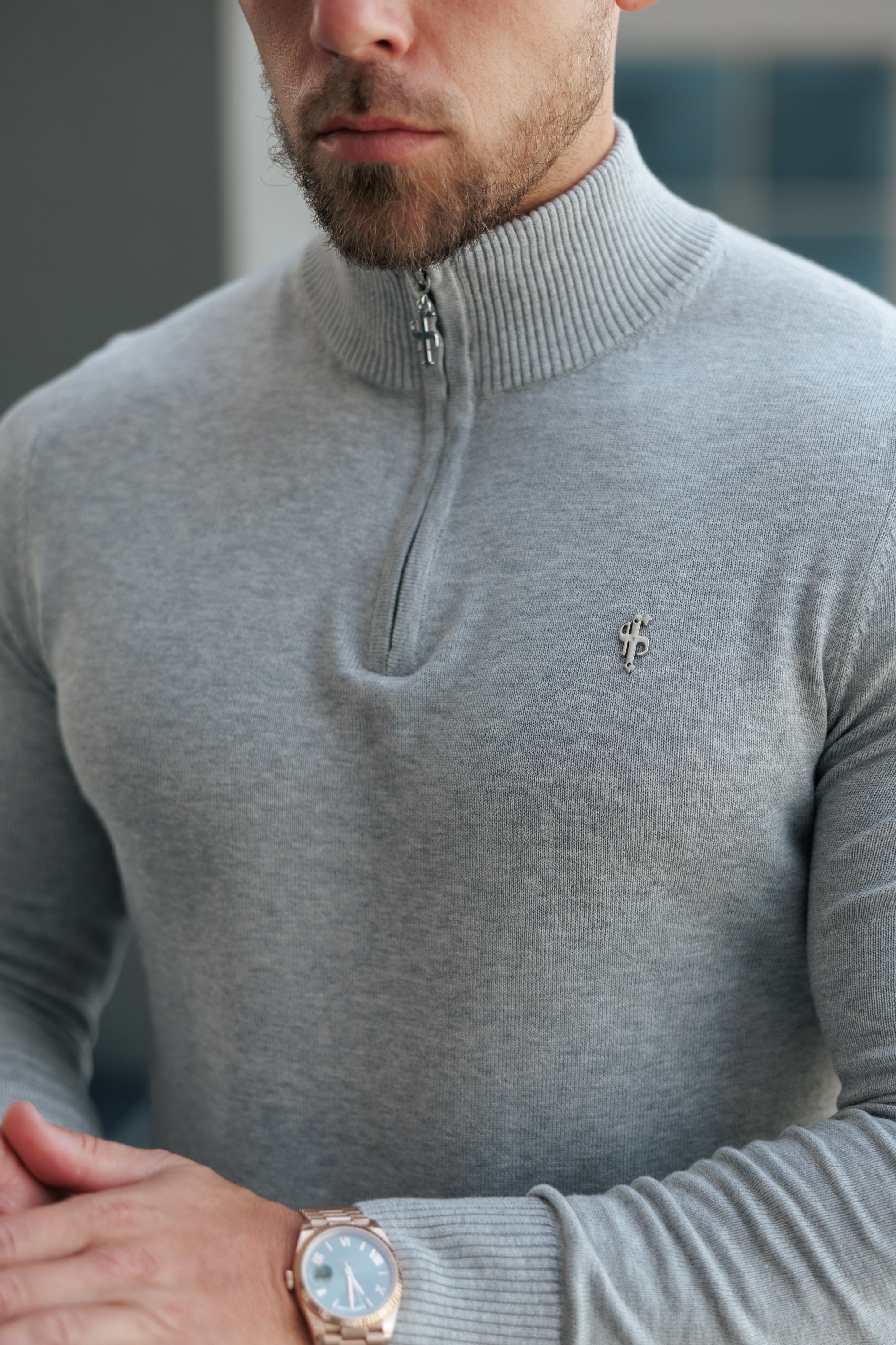 FS Light Grey Funnel Neck Knitted Jumper With FS Branding  - FSN193