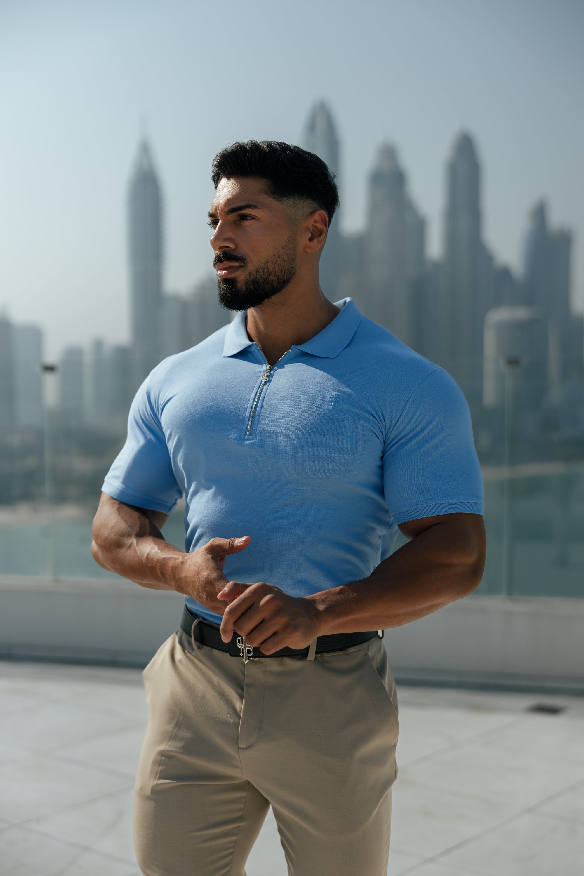 Classic Light Blue and Silver Zipped Polo Shirt - FSH856