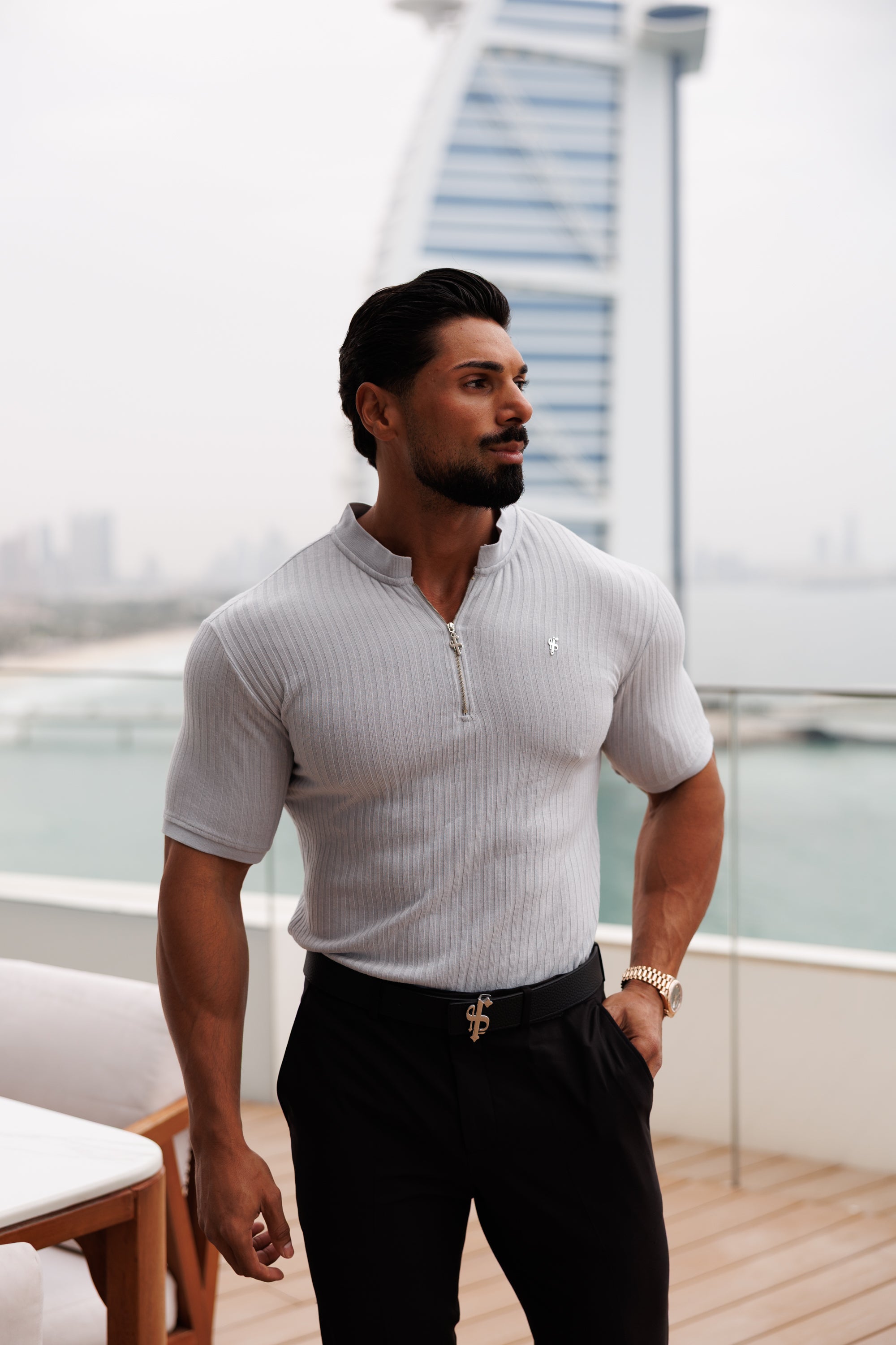 Classic Light Grey / Silver Ribbed Zip Grandad Collar Shirt Short Sleeve - FSH1449