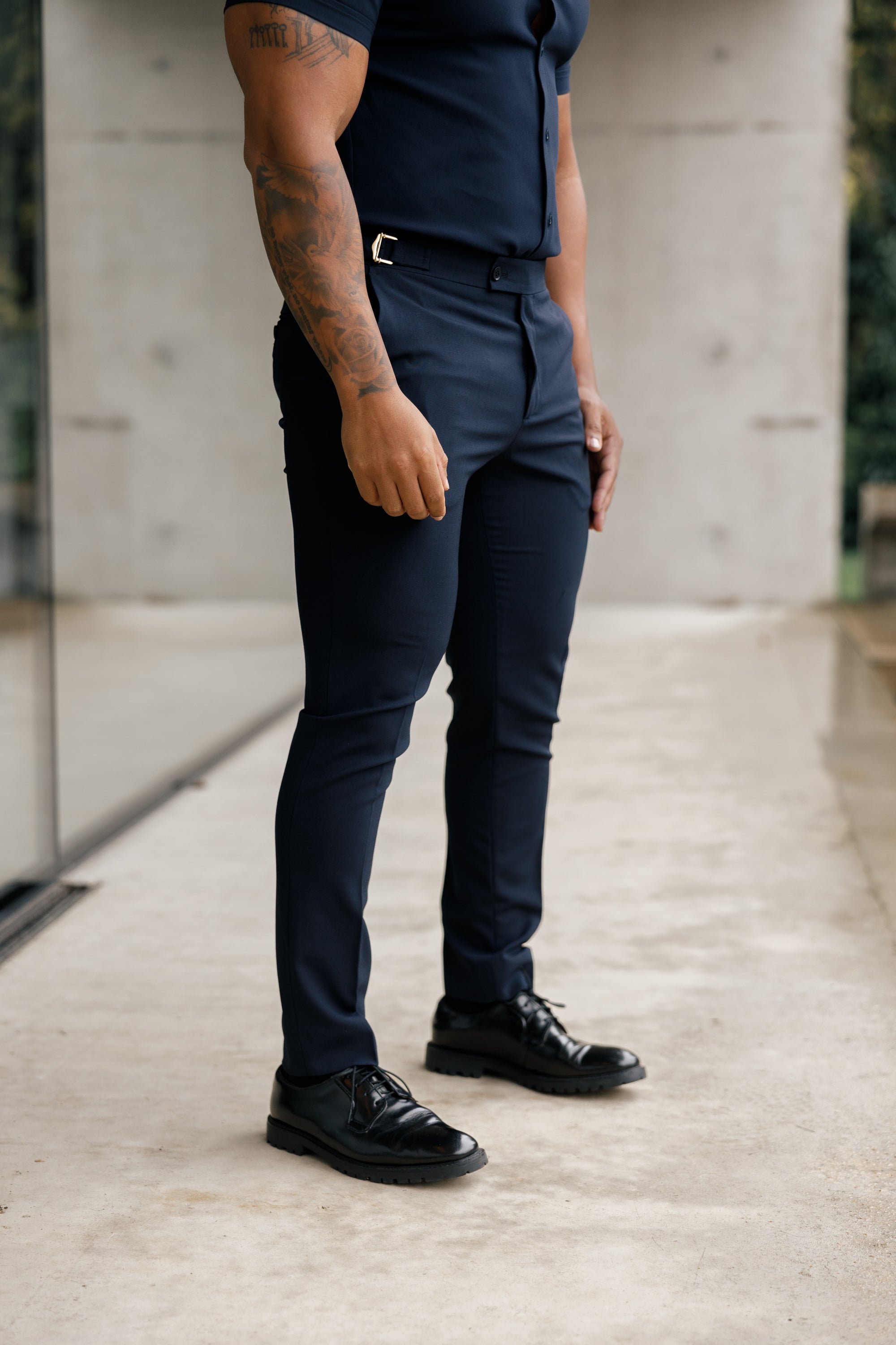 Father Sons Slim Formal Navy Stretch Pants With Gold Waist Adjusters - FST016