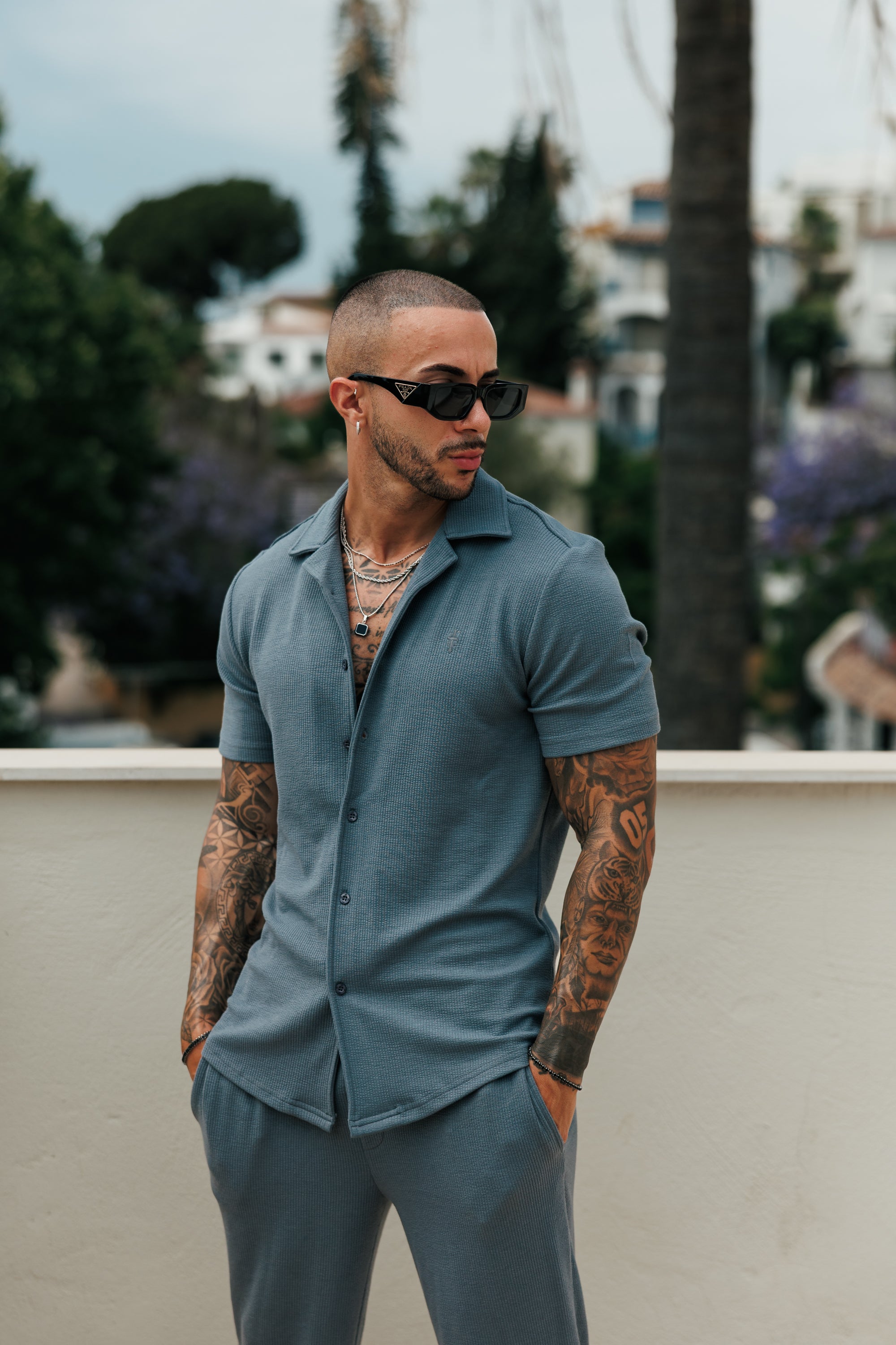 Jersey Cord Stretch Gunmetal Revere Shirt Short Sleeve - FSR076 (PRE ORDER 27TH JULY)