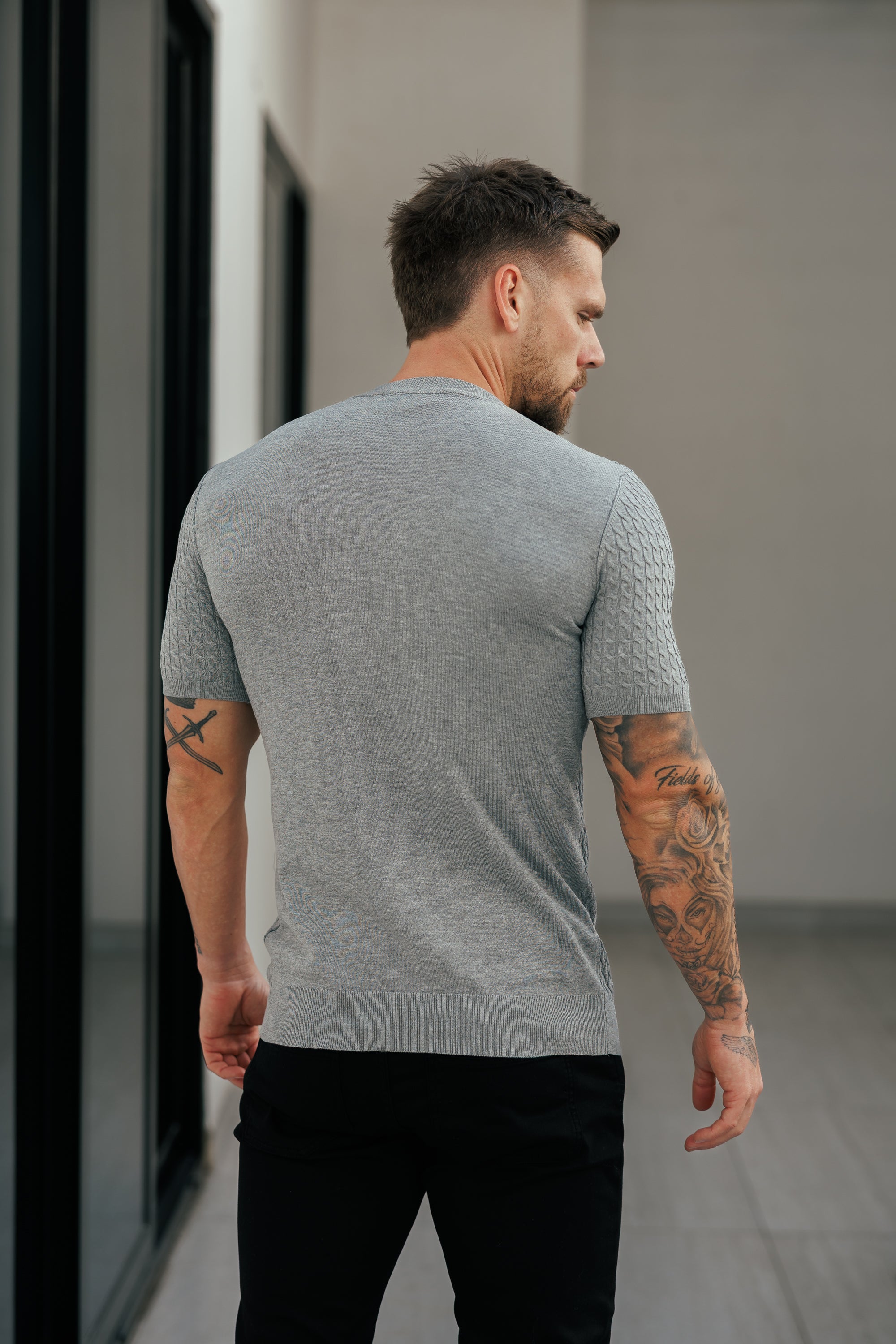 Front Chain Knit Crew T-Shirt Light Charcoal Short Sleeve  -  FSR058