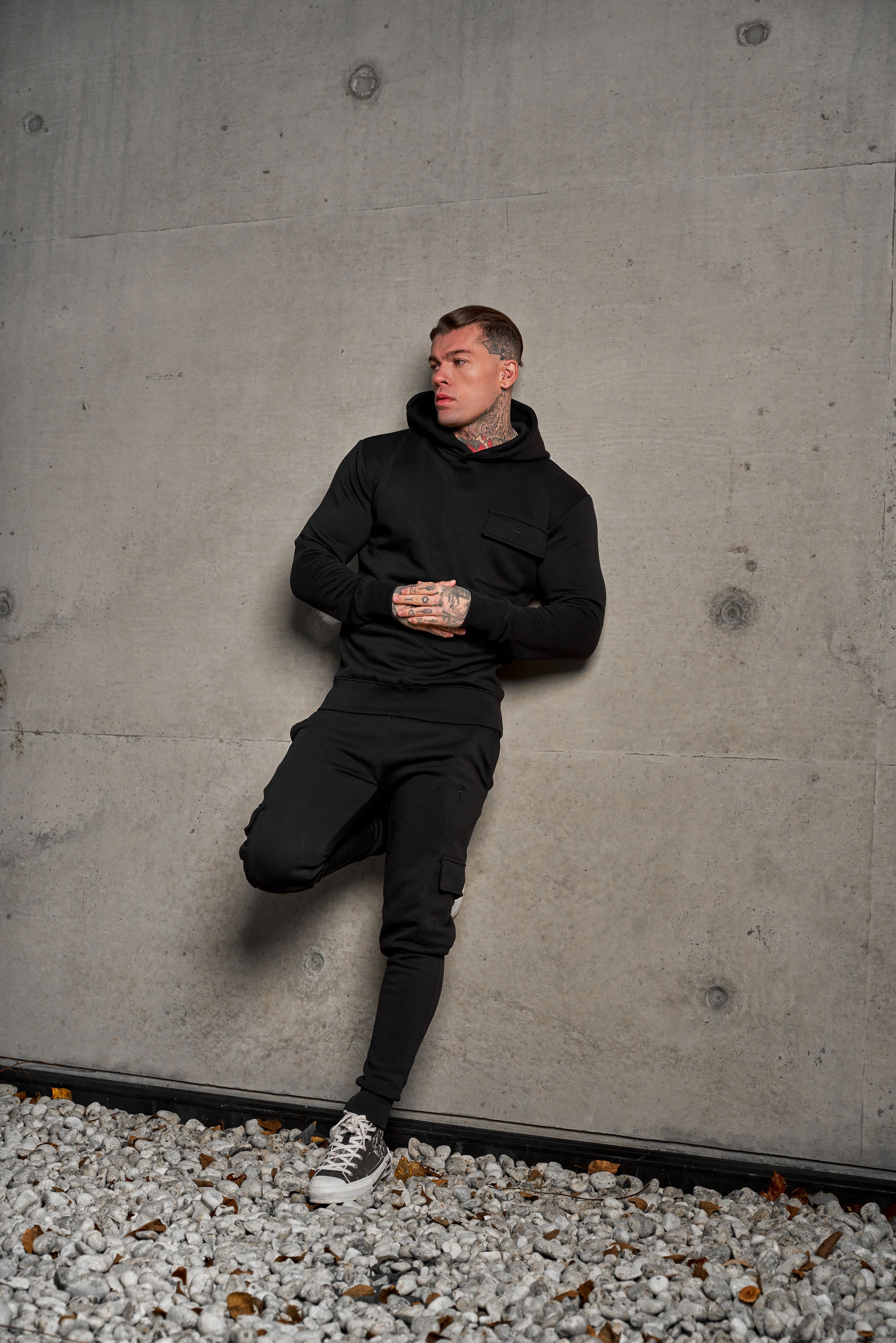 Black Cargo Hoodie With FS Embroidery - FSH929