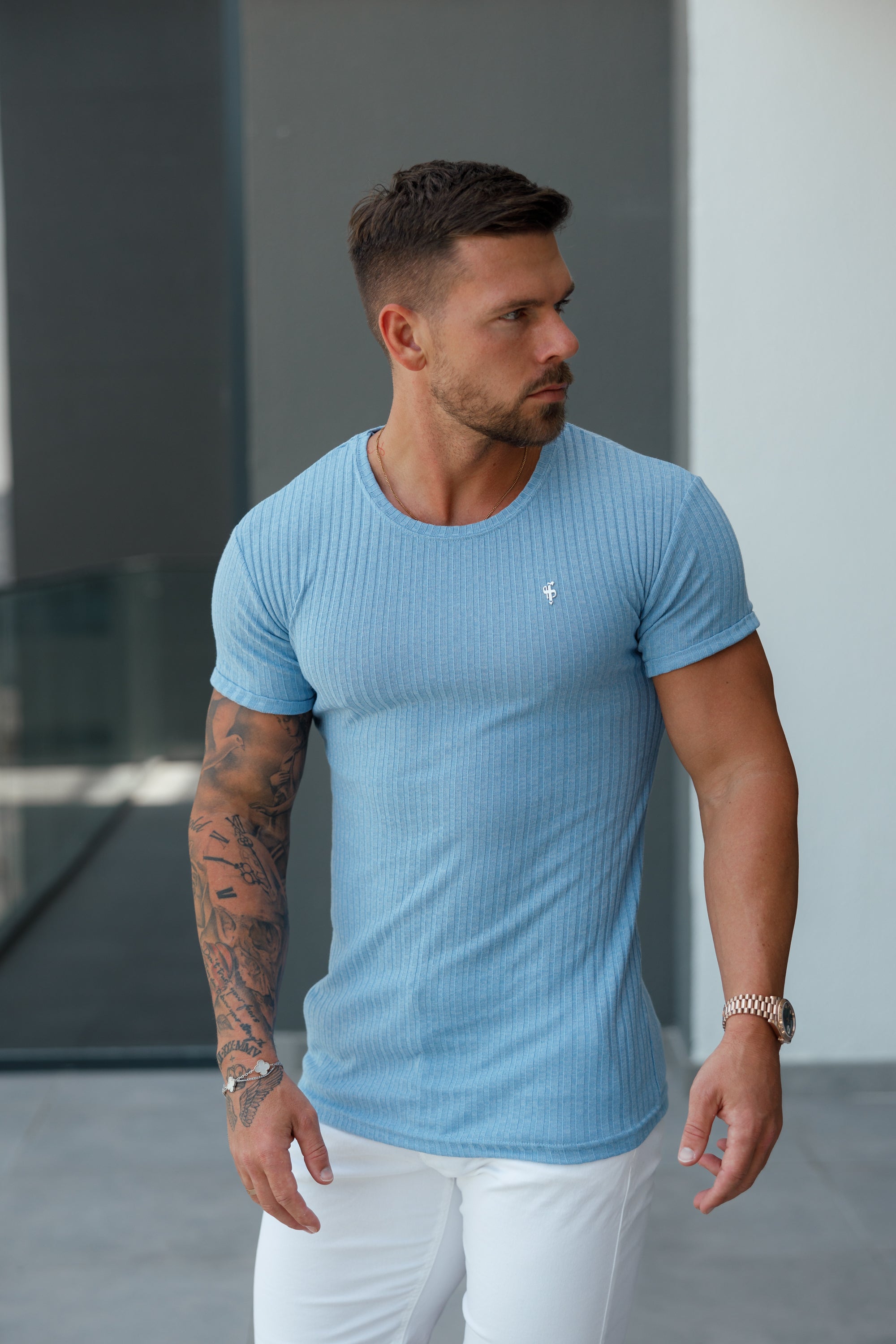 Classic Light Blue / Silver Ribbed Knit Super Slim Short Sleeve Crew T-Shirt - FSH1087