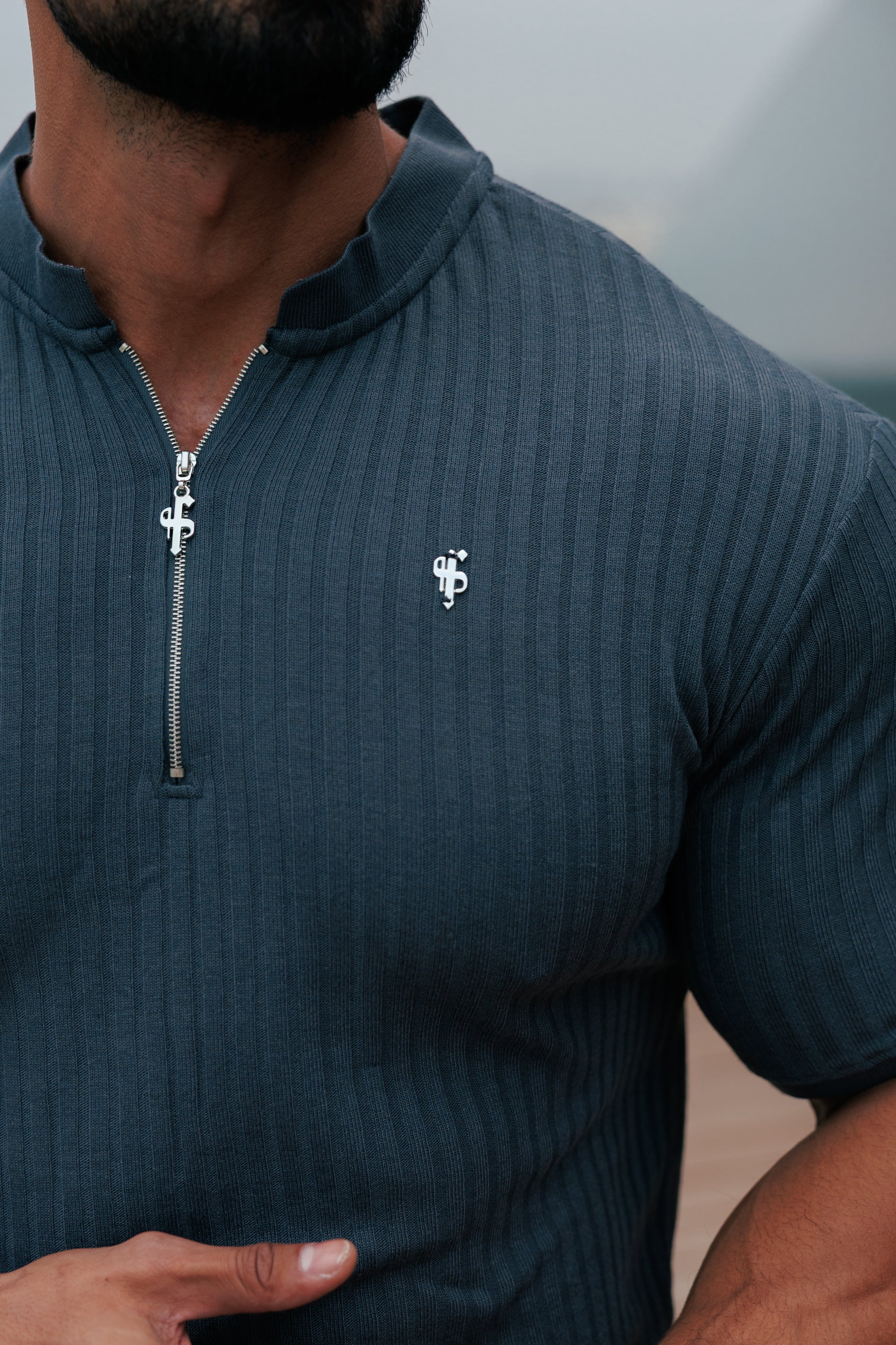 Classic Charcoal / Silver Ribbed Zip Grandad Collar Shirt Short Sleeve - FSH1448