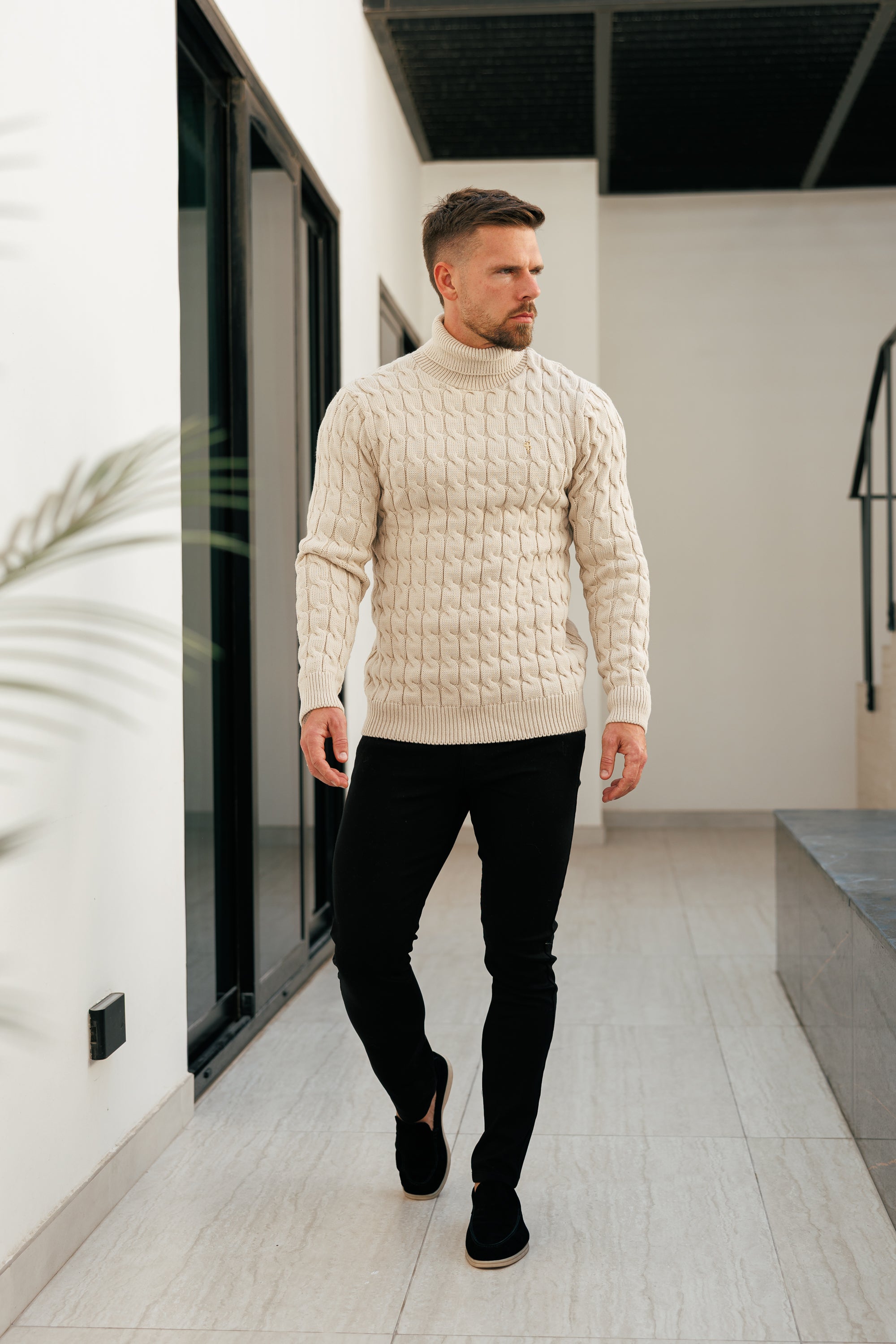 Link Weave Knit Beige Roll Neck Jumper - FSJ100