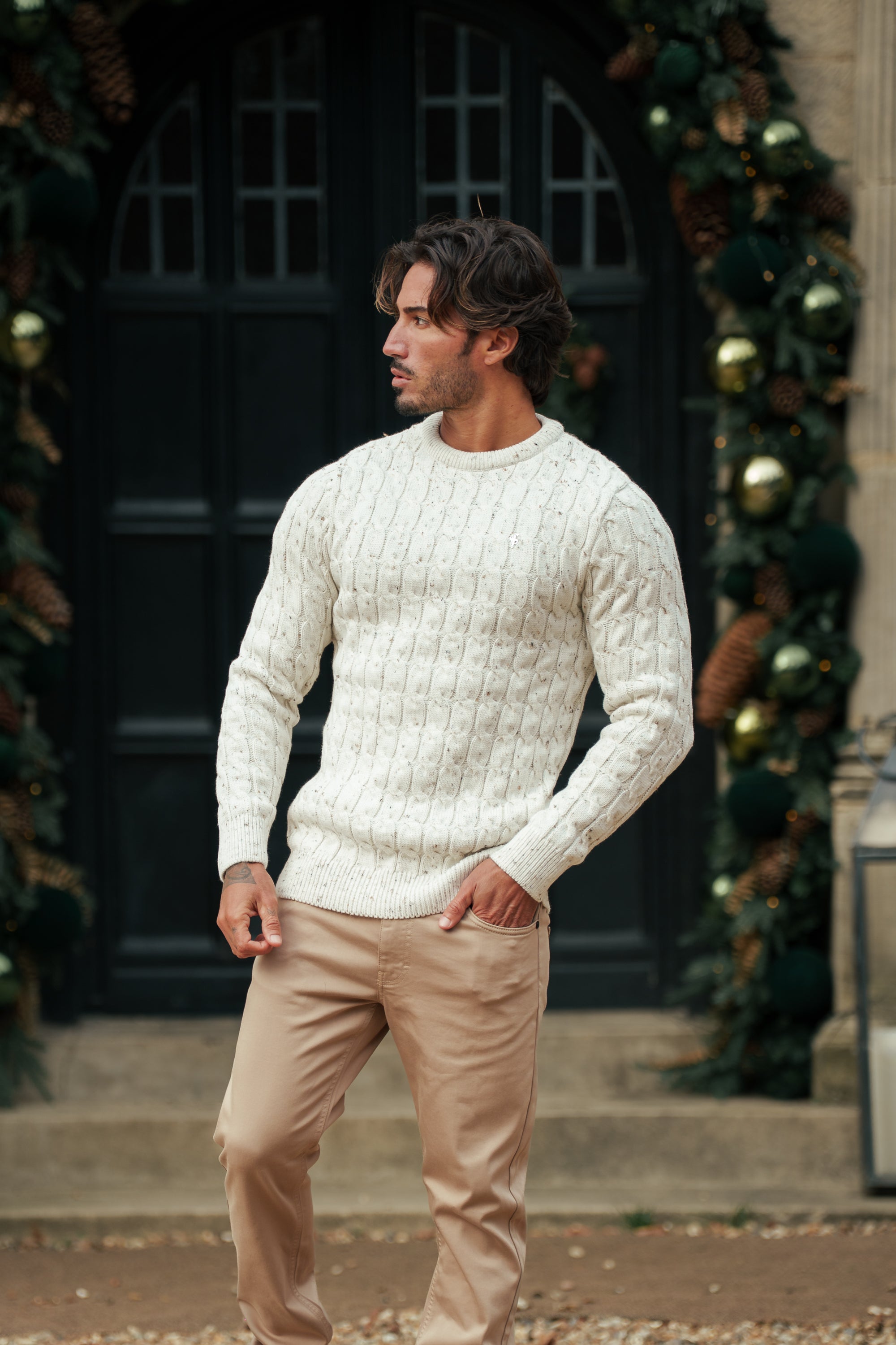 Link Weave Knit Beige Fleck Crew Neck Jumper - FSJ128