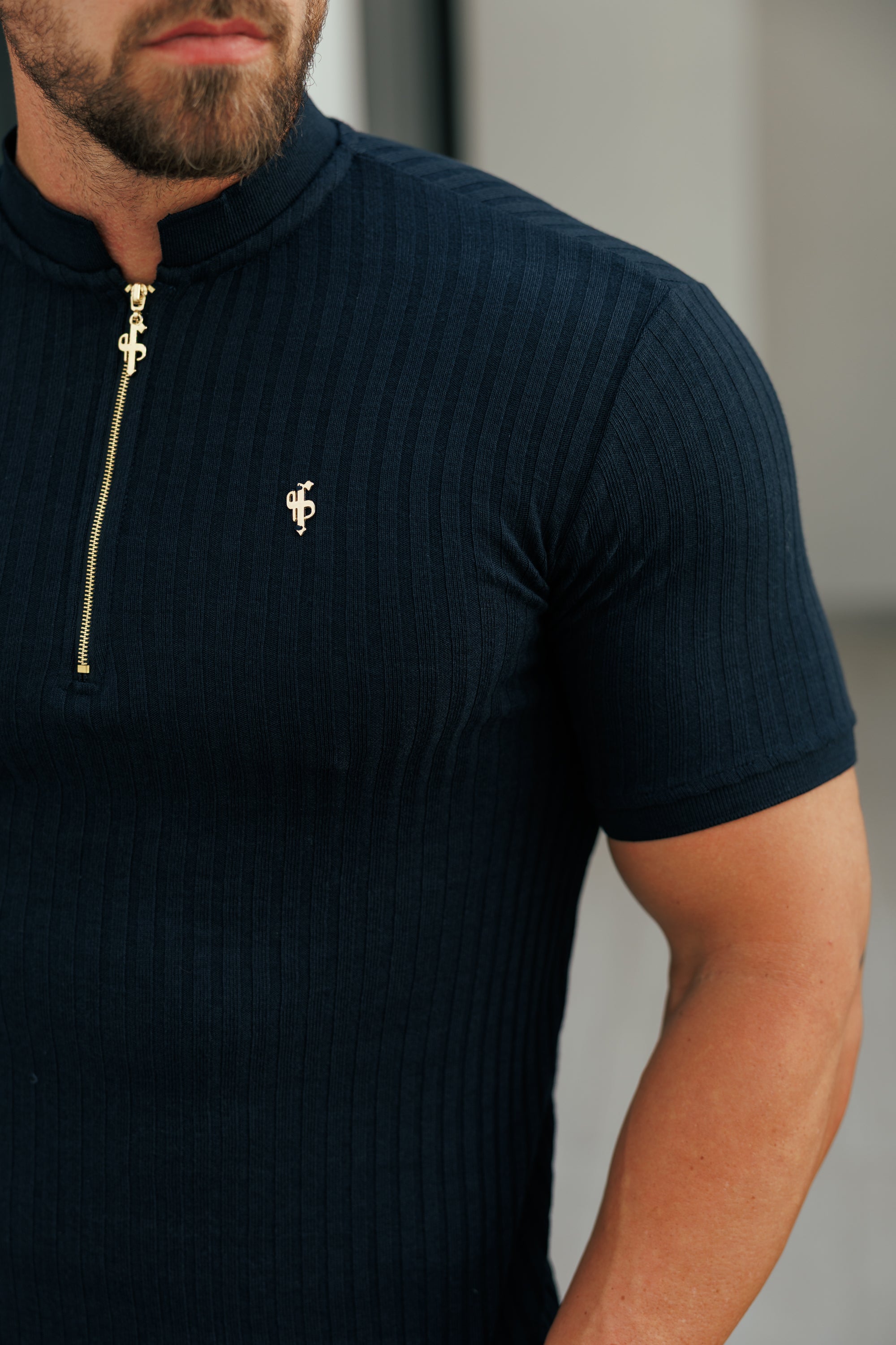 Classic Navy Ribbed Zip Grandad Collar Shirt Short Sleeve - FSH773