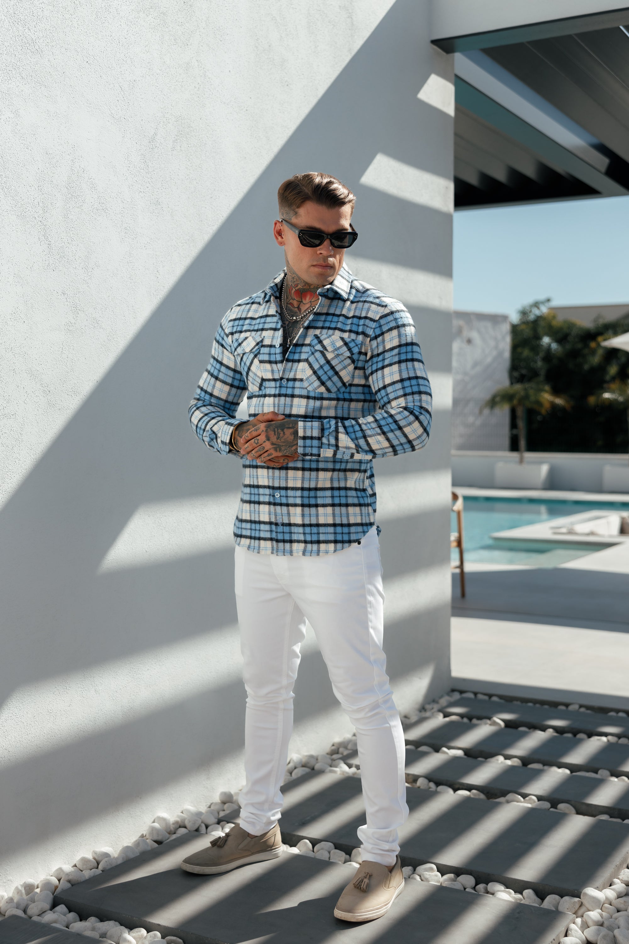Light Blue Check Shacket With Double Pockets - FS1072