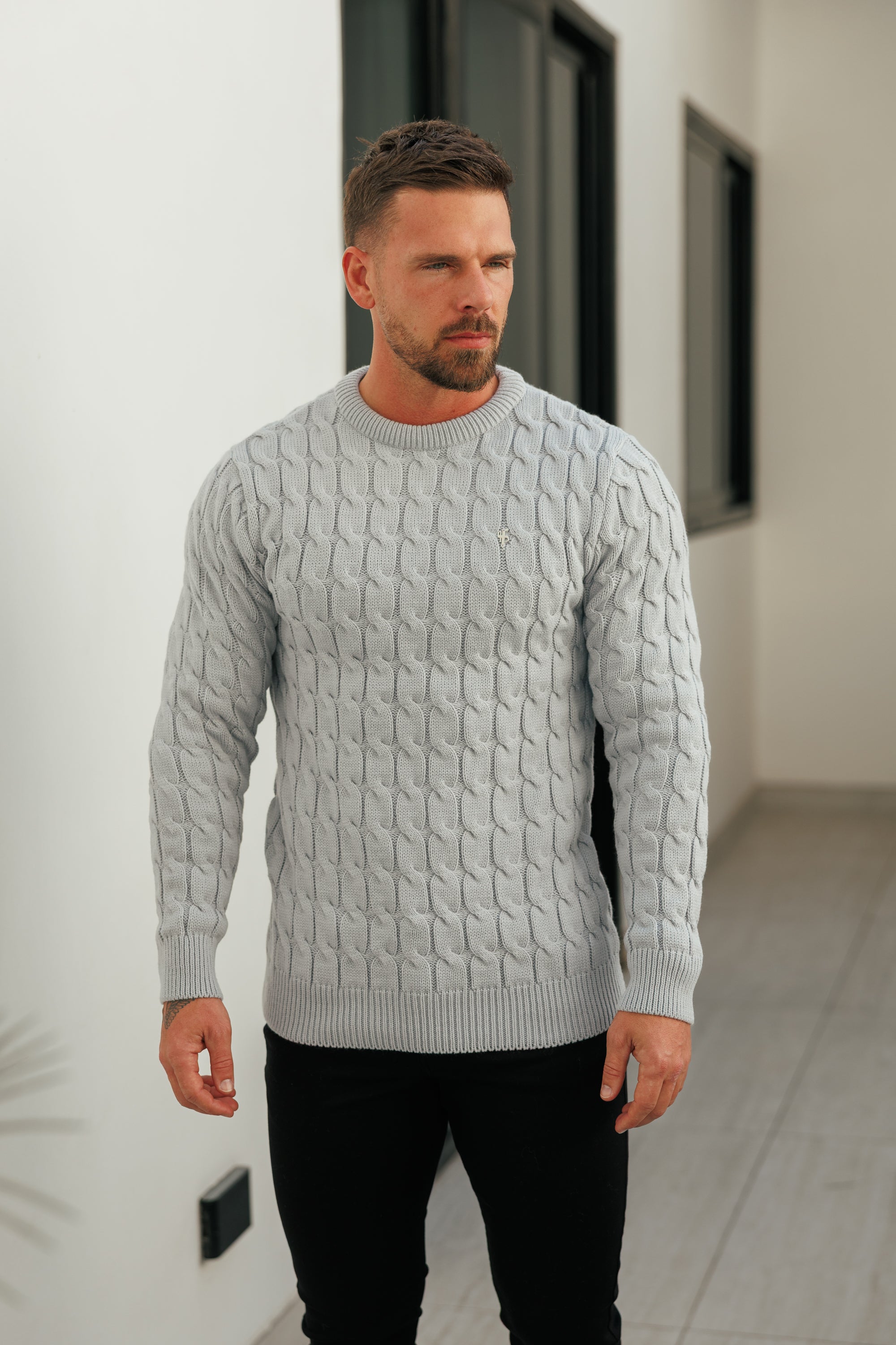 Link Weave Knit Cop Grey Crew Neck Jumper - FSJ129