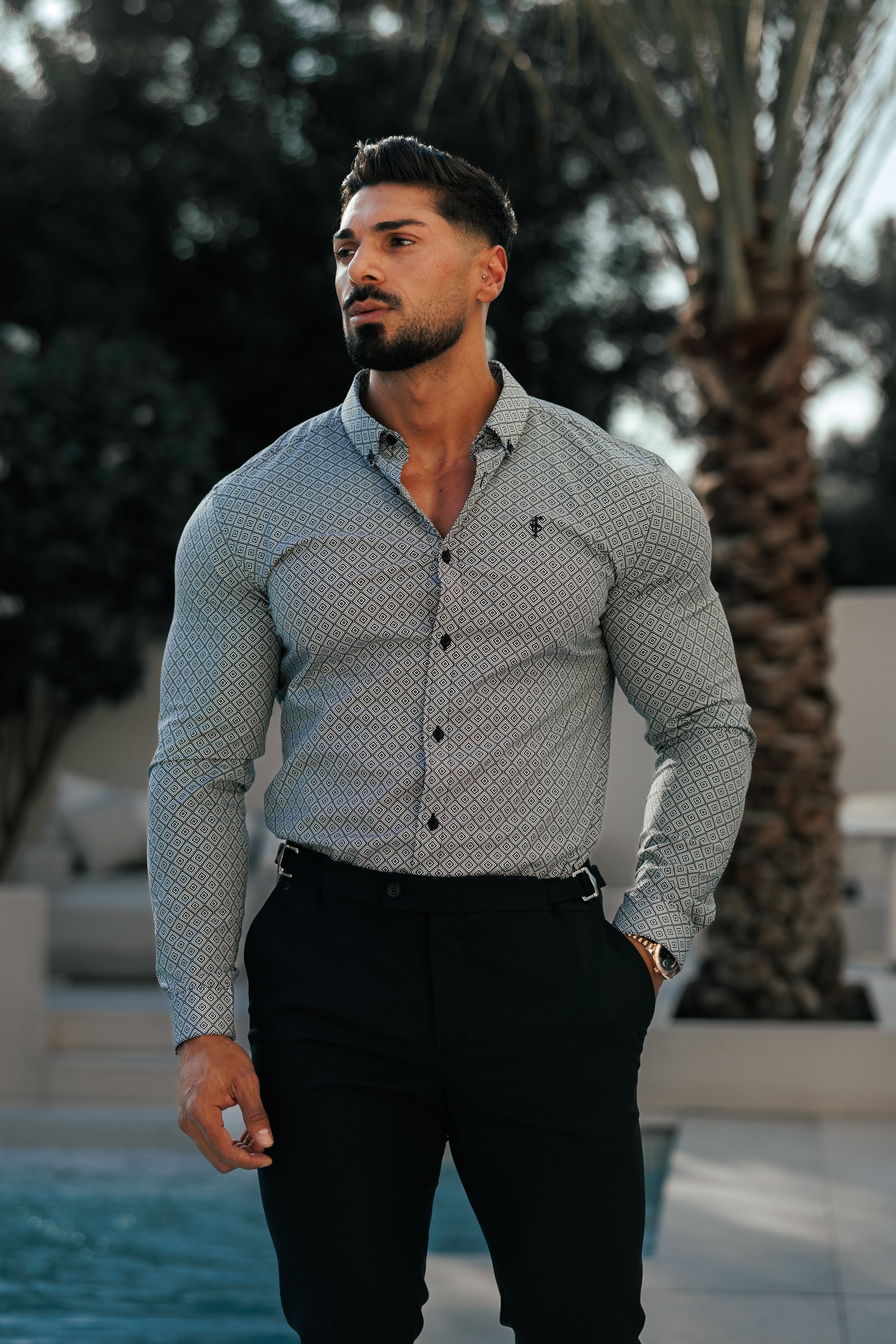 Super Slim Stretch Black / White Diamond Print Long Sleeve with Button Down Collar - FS1226