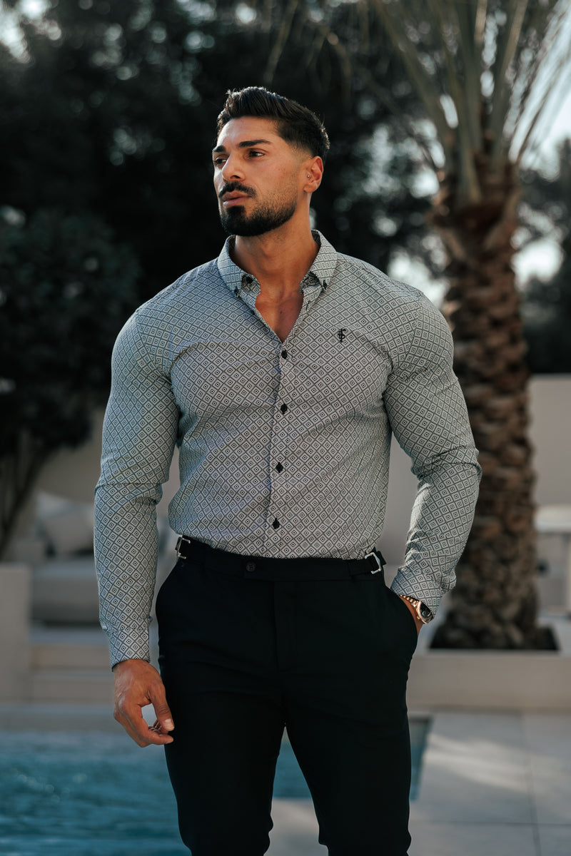 Father Sons Super Slim Stretch Black / White Diamond Print Long Sleeve with Button Down Collar - FS1226