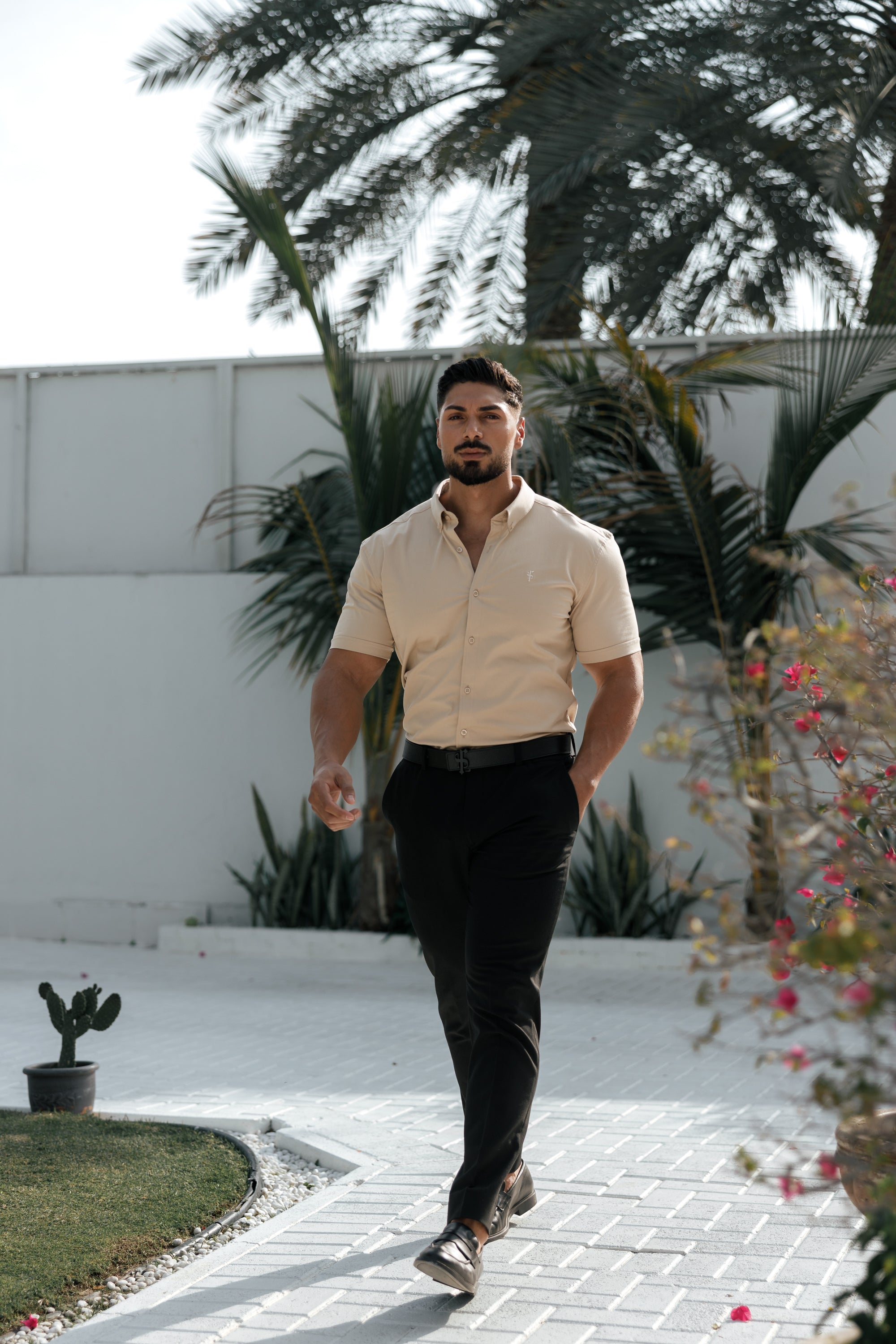 Super Slim Stretch Plain Beige Short Sleeve With Button Down Collar - FS982