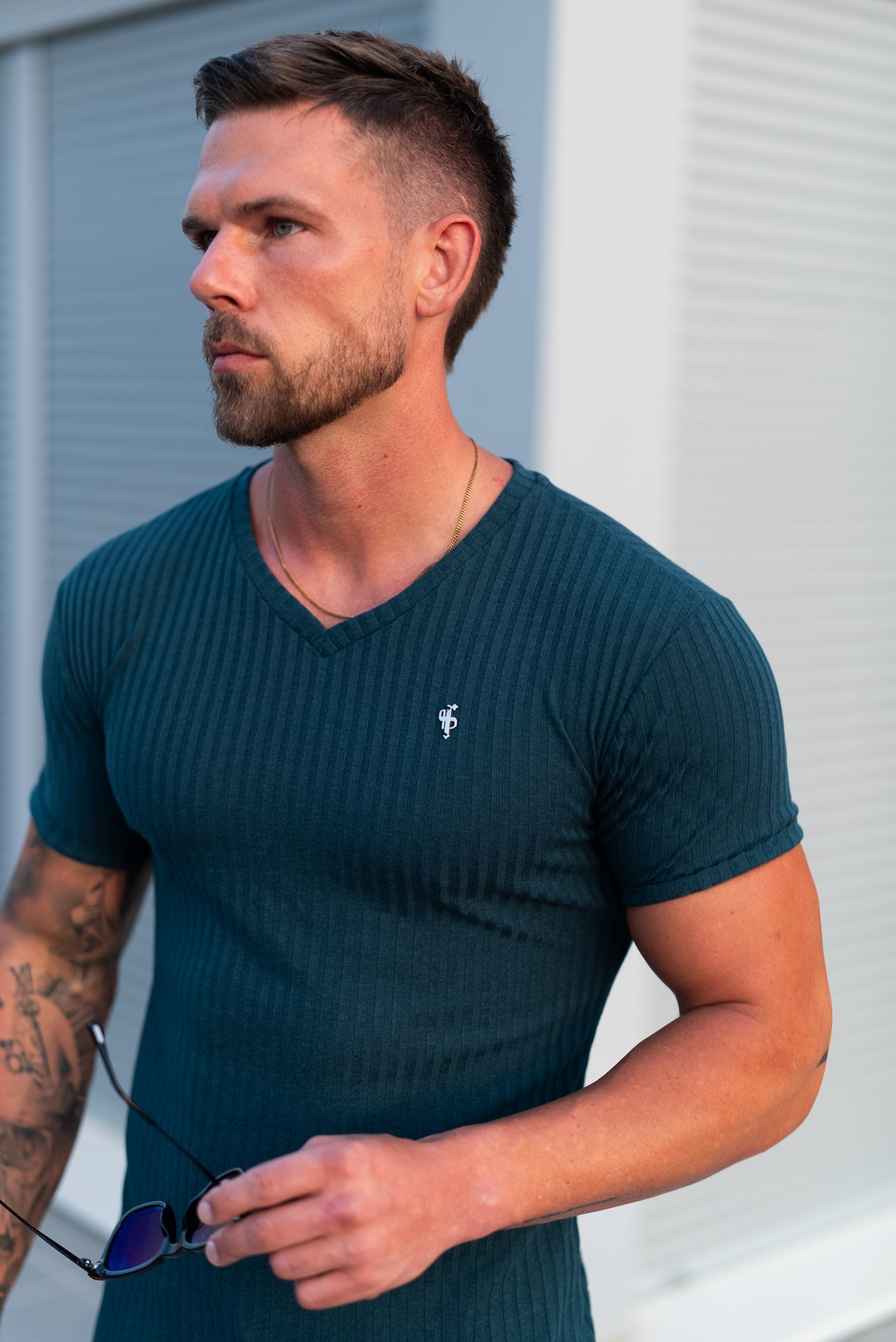 Super Slim Forest Green / Silver V Neck Ribbed Crew - FSH1368