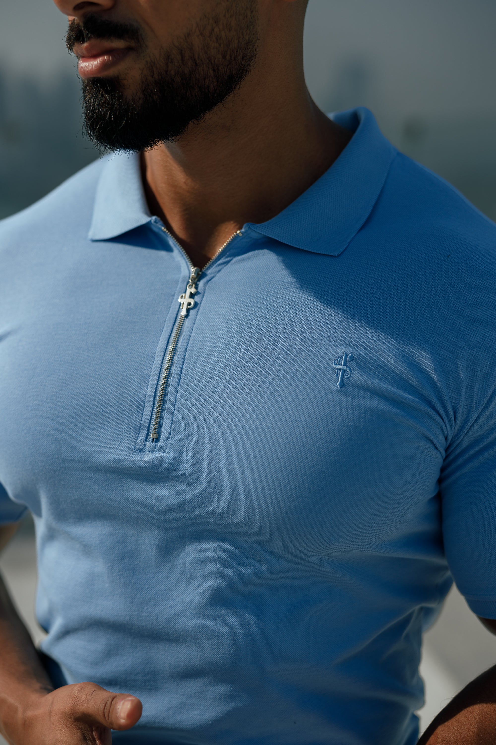 Classic Light Blue and Silver Zipped Polo Shirt - FSH856