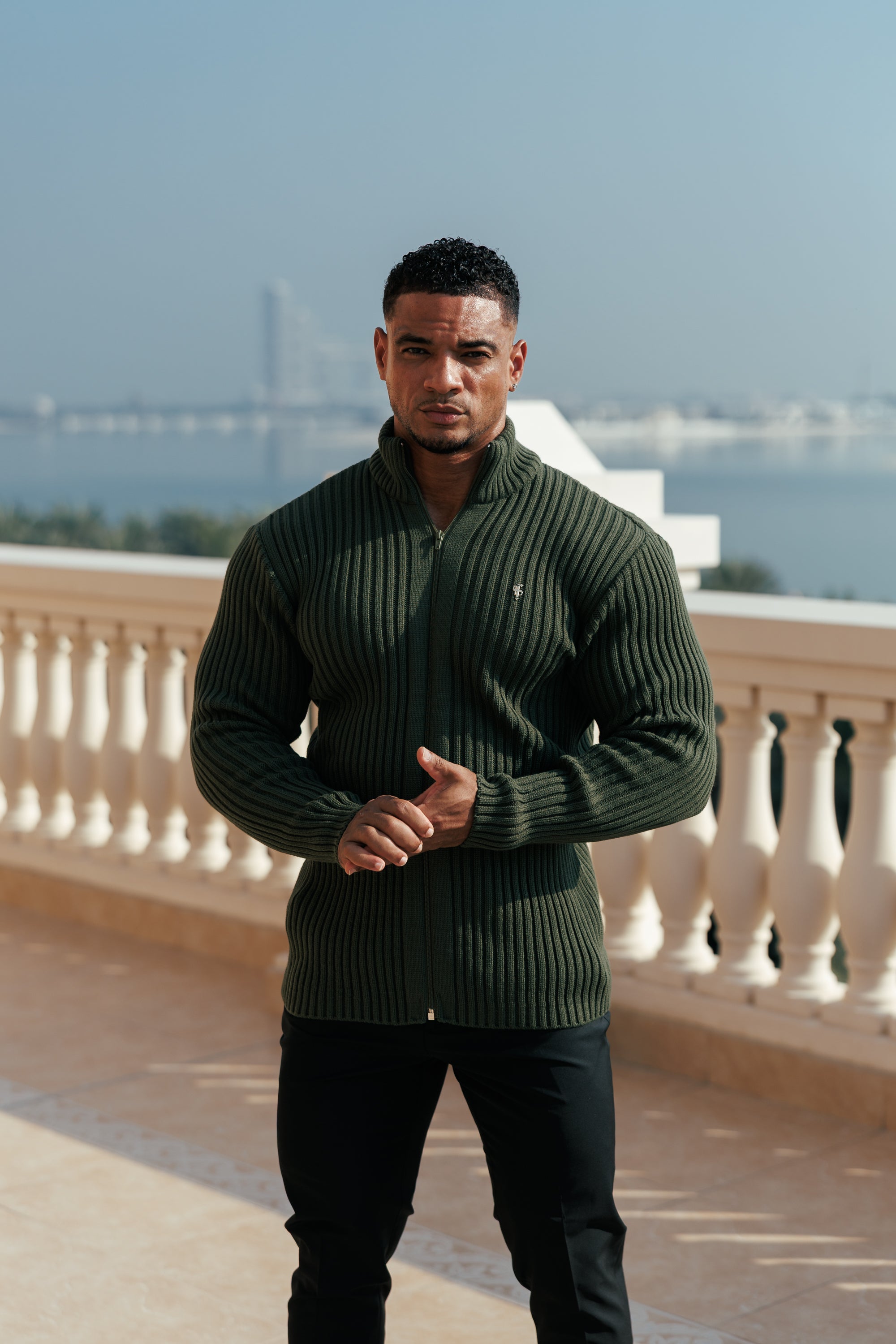 Chunky Olive Ribbed Zipped Cardigan with Gold Emblem- FSJ095