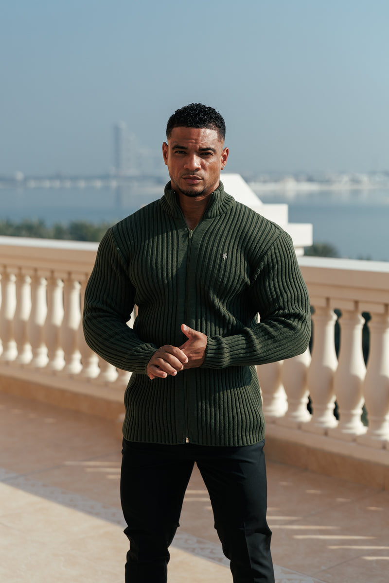 Father Sons Chunky Olive Ribbed Zipped Cardigan with Gold Emblem- FSJ095