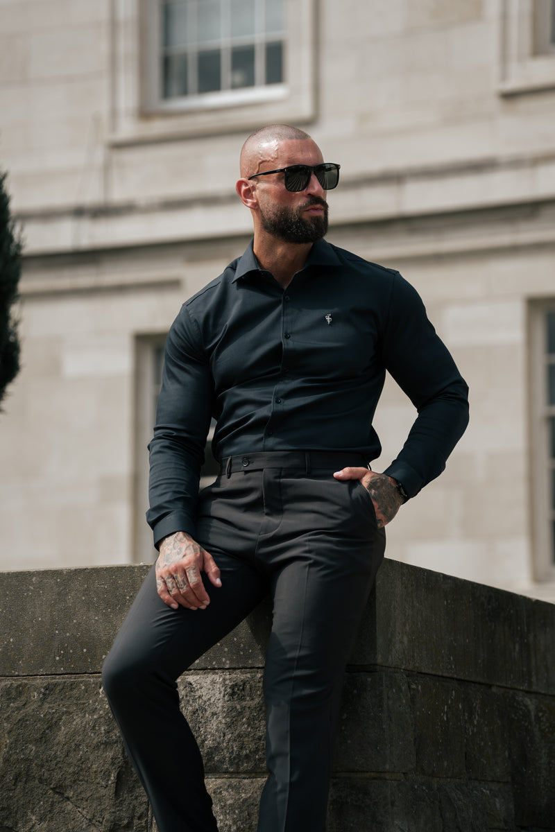 FS Super Slim Stretch Black Denim Long Sleeve with Gunmetal Metal Decal and Cutaway Collar - FS1169