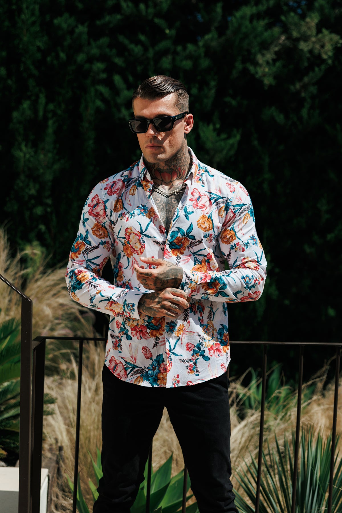 Super Slim Stretch White Vibrant Floral Print Long Sleeve with Button Down Collar - FS1276