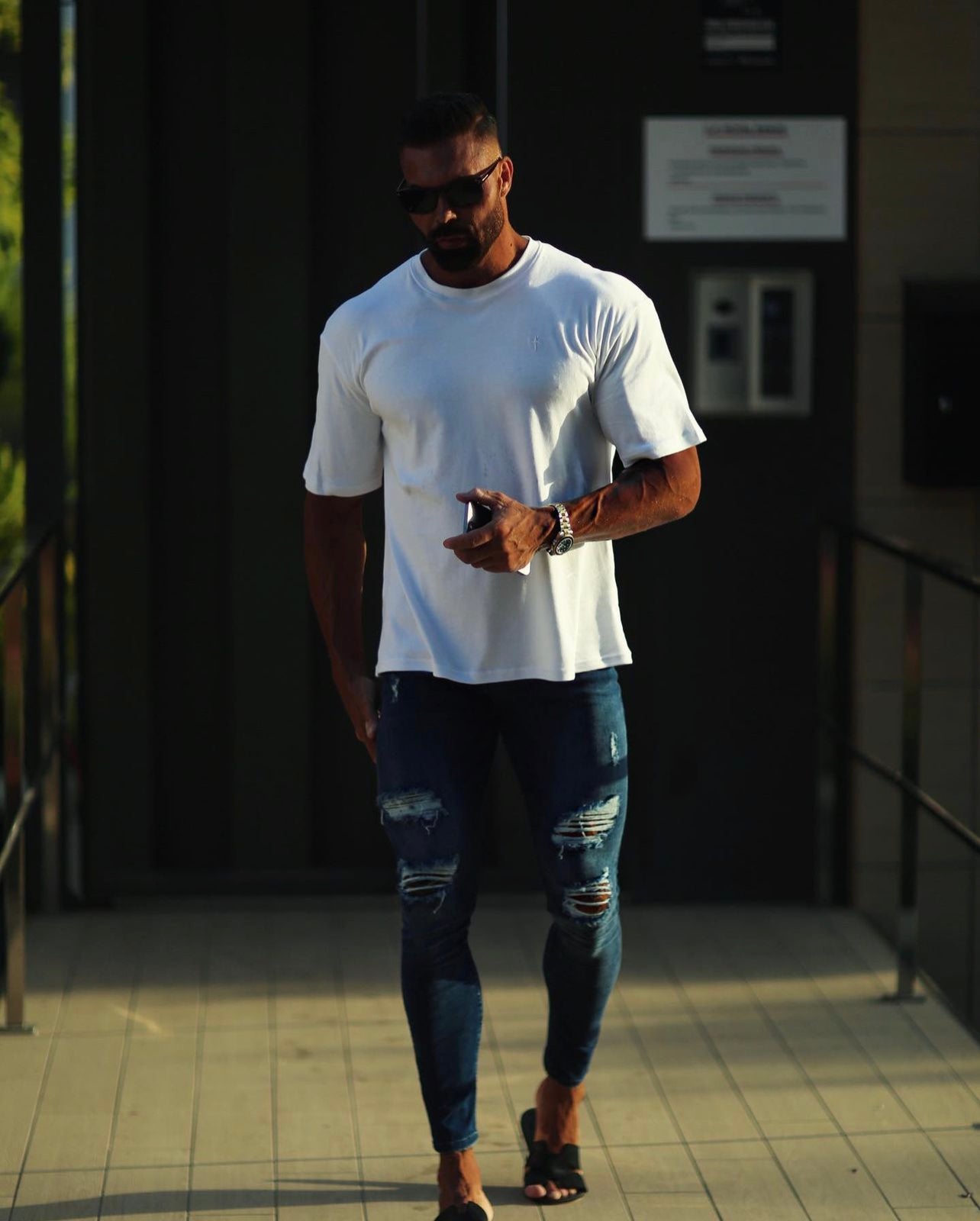 Ultra Stretch Navy Slim Jeans with Distressed Rips - FSJEAN006