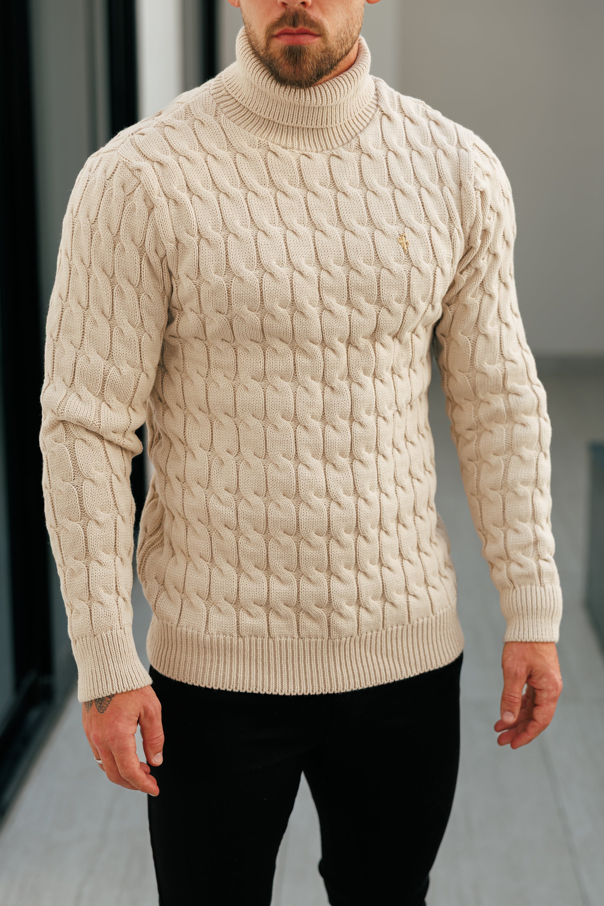 Link Weave Knit Beige Roll Neck Jumper - FSJ100